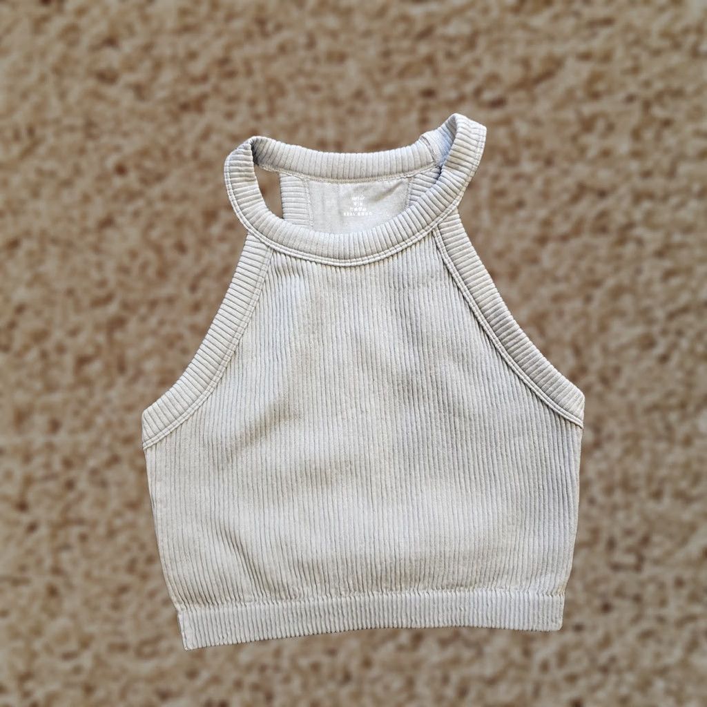 Vintage Aerie Bra Top Women Size Medium Gray Superchill Seamless Ribbed High Neck Lounge Bralette Racerback Wireless Nylon Spandex Blend Shirt Size M / US 6-8 / IT 42-44 - 1 Thumbnail