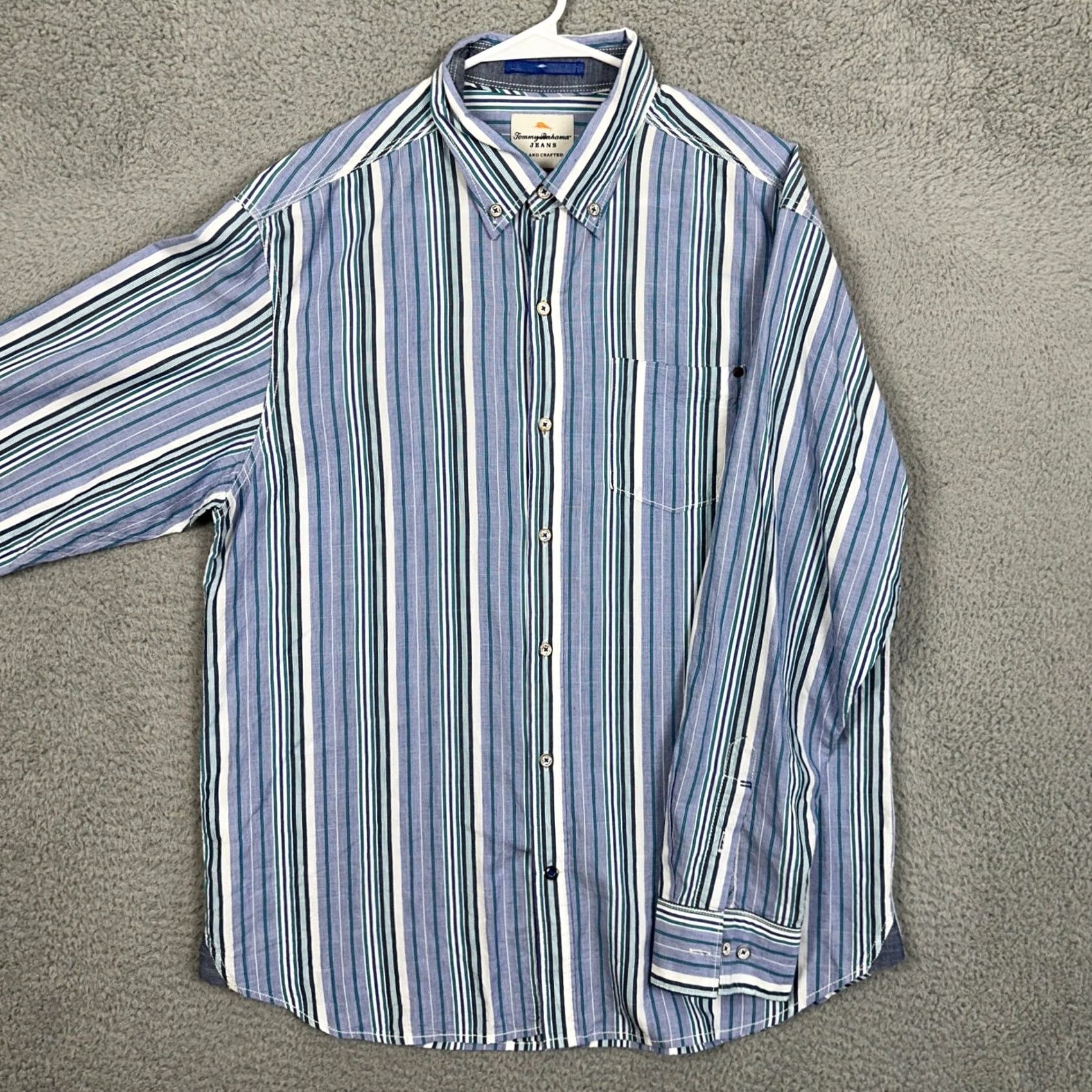 Tommy Bahama VINTAGE can be ignored for accuracy; Tommy Bahama JEANS Striped Shirt Button-Down Long Sleeve Mens Large Blue Cambridge Pocket Stretch EUC Size US L / EU 52-54 / 3 - 2 Thumbnail