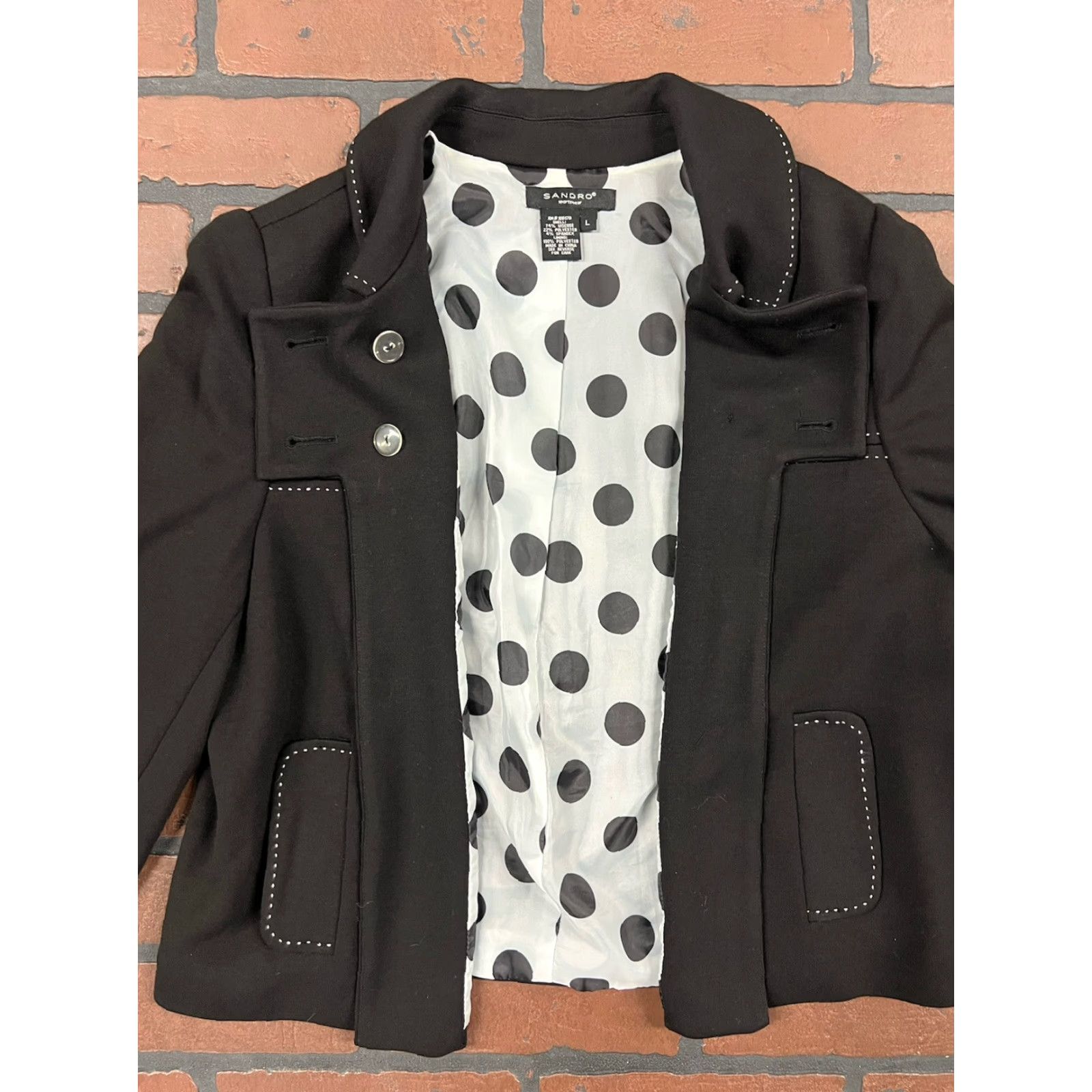 Sandro Sandro Blazer Women L Black / Polka Dot Button Collared 4-Button Solid Jacket Dressy Casual Workwear Designer Mens? Size L / US 10 / IT 46 - 4 Thumbnail