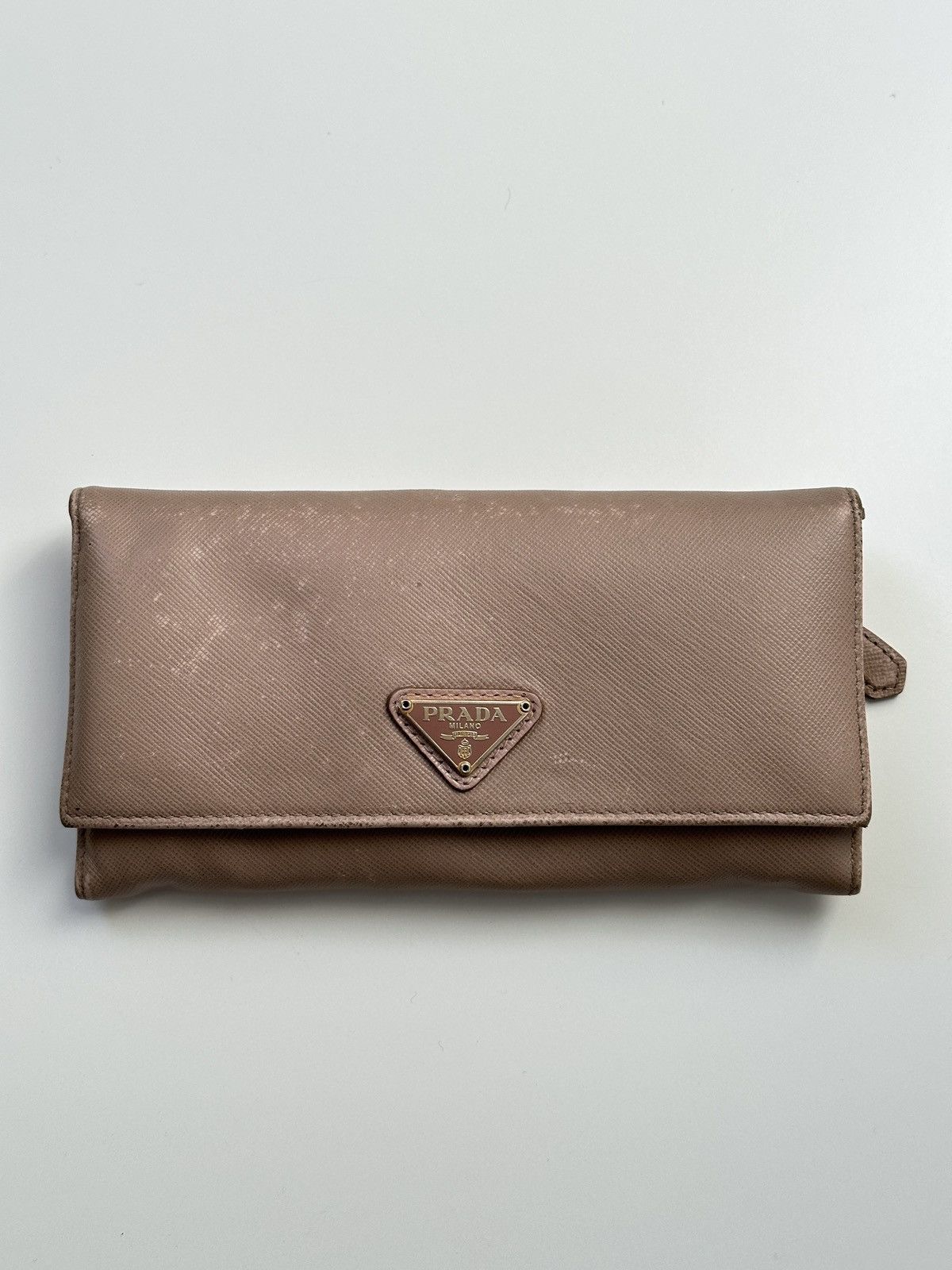 Prada Saffiano Leather Triangle Logo Long Wallet Light Pink
