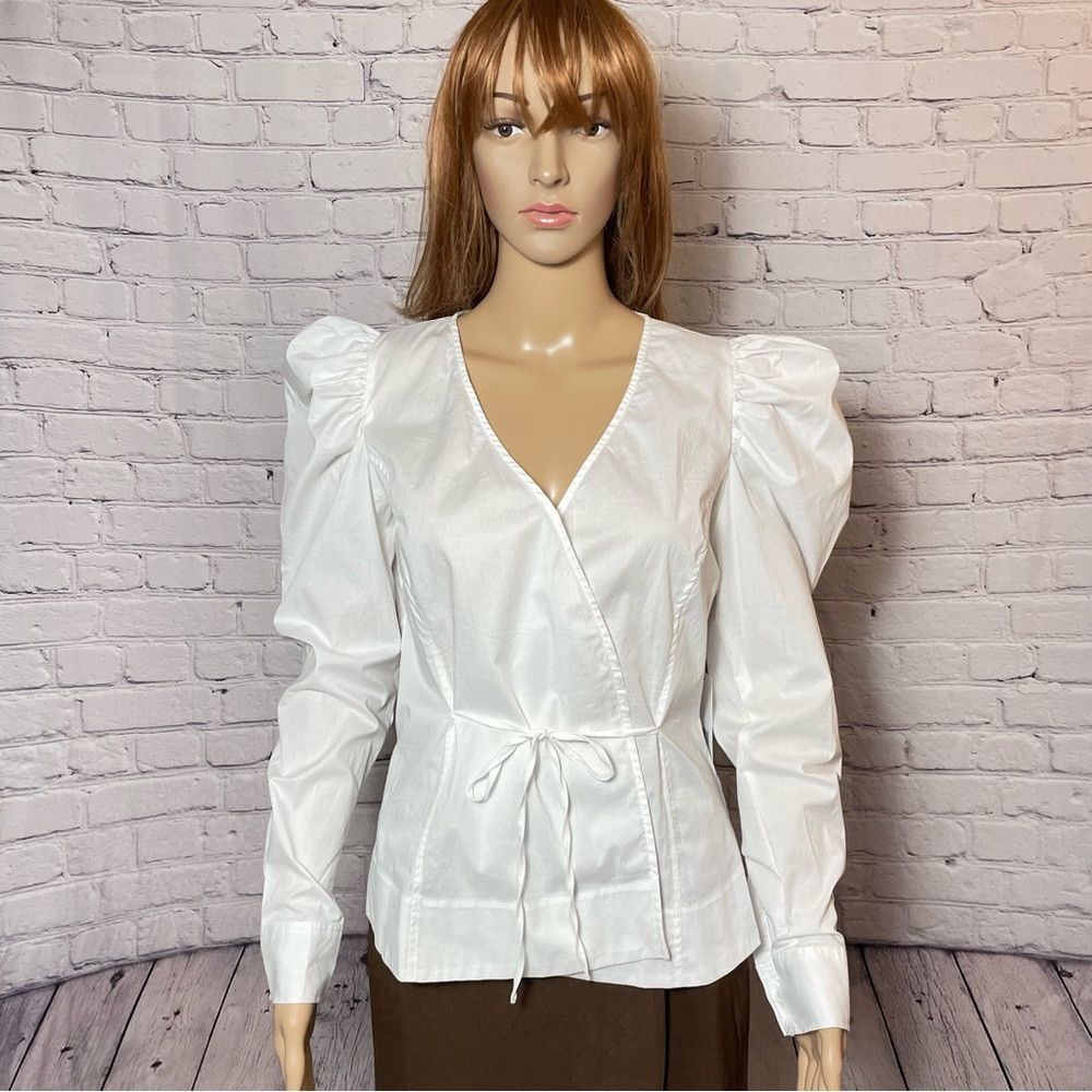 Jason Wu NWT New $165 Jason Wu White Long Puff Sleeve Wrap Blouse Si Size S / US 4 / IT 40 - 2 Thumbnail
