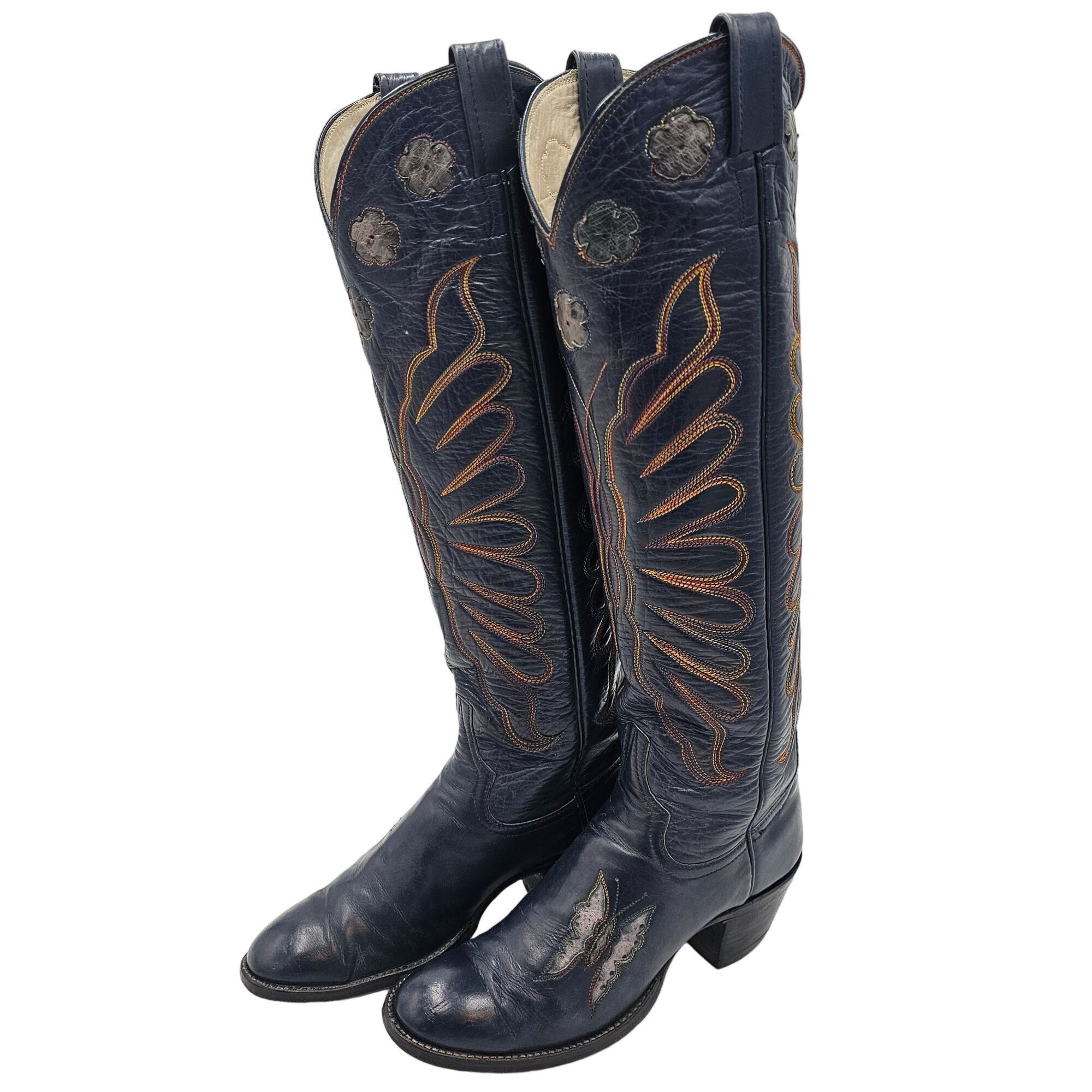 Other Vintage 1970s CUTTER BILL Cowgirl Boots 6B Navy Rainbow Leat Size US 6 / IT 36 - 10 Thumbnail