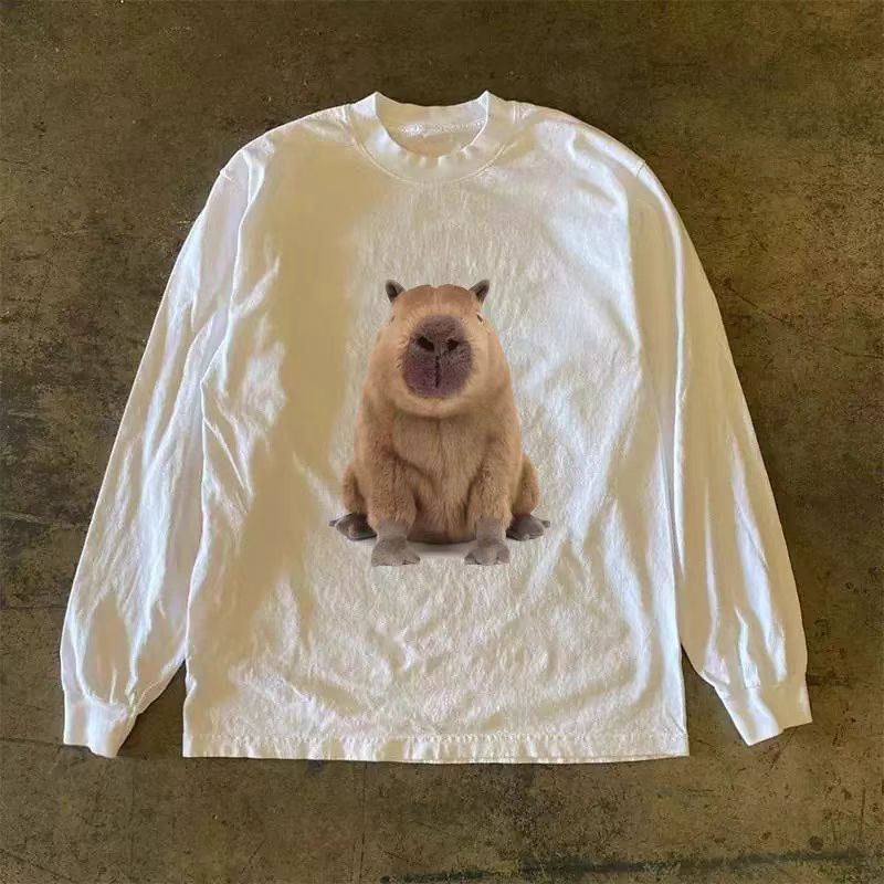 Vintage Capybara pattern white retro cotton long-sleeved t-shirt Size US M / EU 48-50 / 2 - 1 Thumbnail