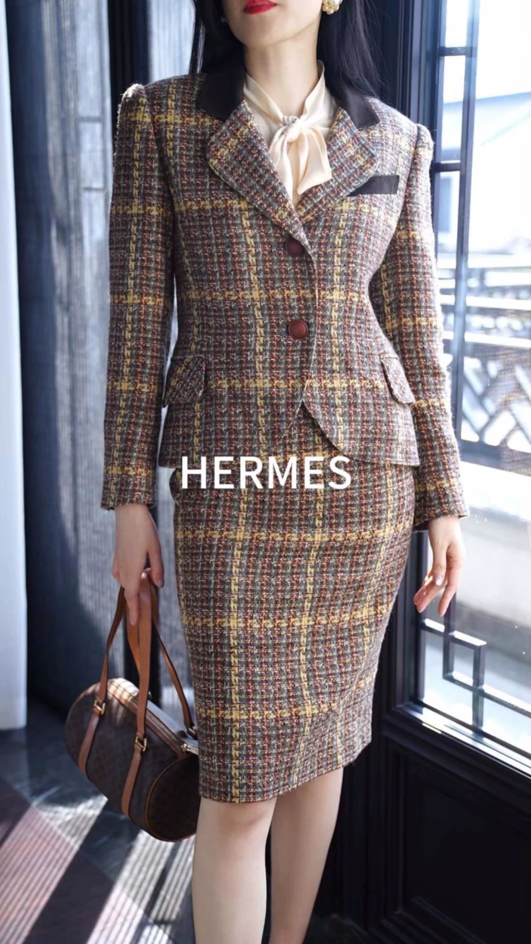 Hermes Vtg Wool Tweed Suede Check Blazer & Skirt Set FR36 Size XS / US 0-2 / IT 36-38 - 1 Thumbnail