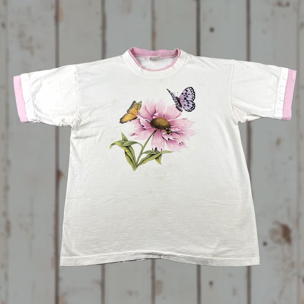 Vintage VINTAGE Day Breeze Shirt Adult L/XL Ivory Floral Butterfly Made In USA White Crew Neck Short Sleeve Cotton Single Stitched Mens Size US L / EU 52-54 / 3 - 1 Thumbnail