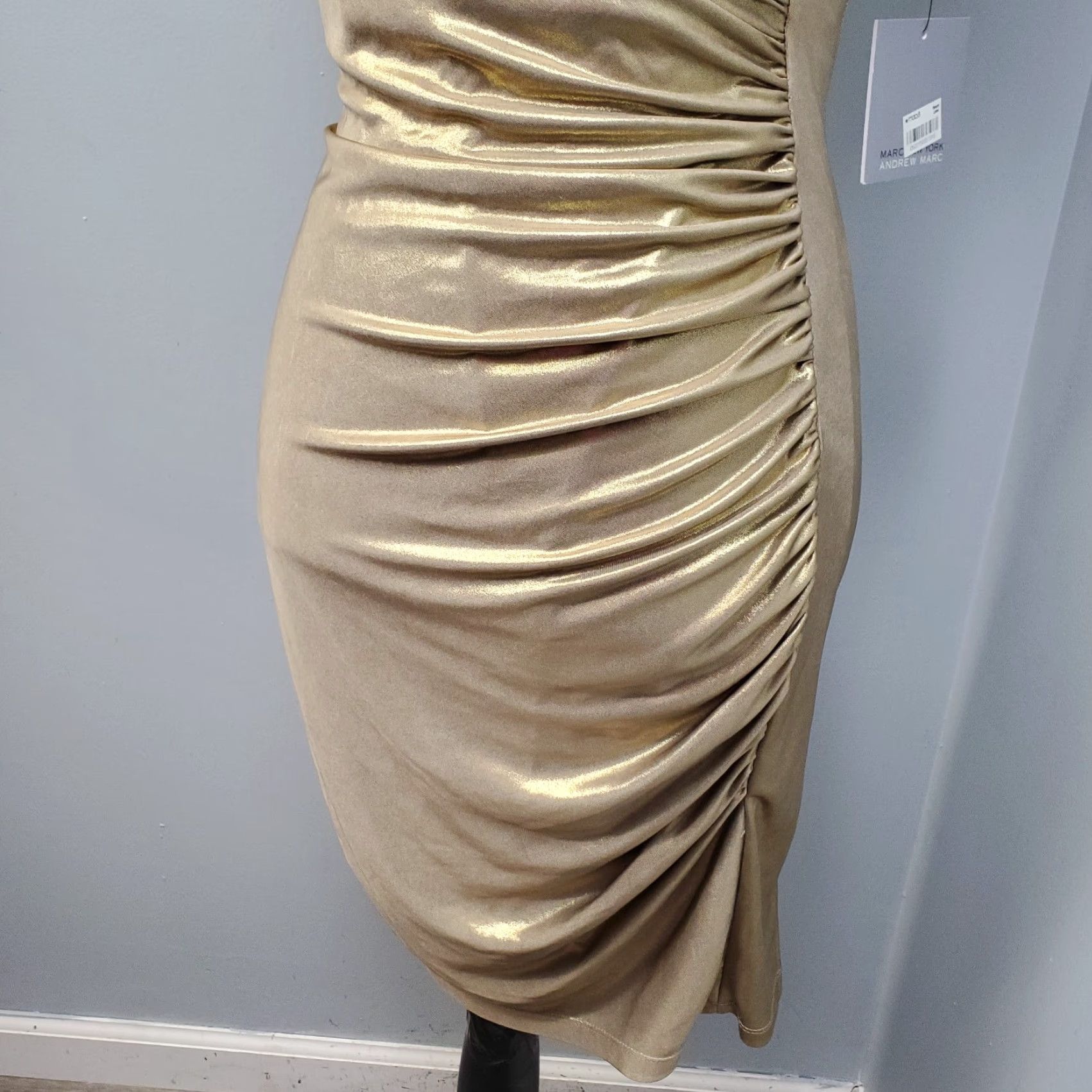 Vintage Andrew Marc New York Womens 2 Gold Sleeveless Ruched Waist Sheath Dress Midi Back Zip V-Neck Shirt Dress Size XS / US 0-2 / IT 36-38 - 7 Thumbnail