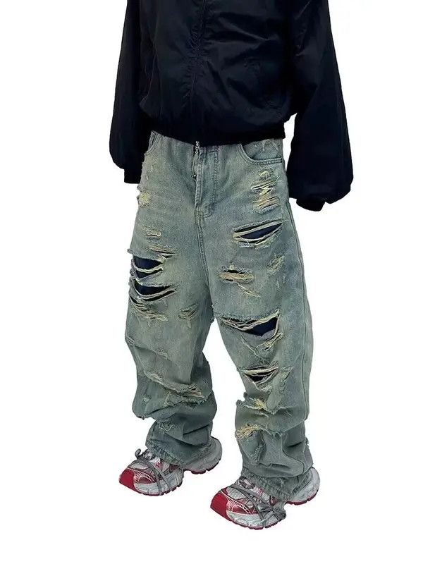 VIBE Retro washed distressed double layer large hole tassel jeans Size US 32 / EU 48 - 4 Thumbnail