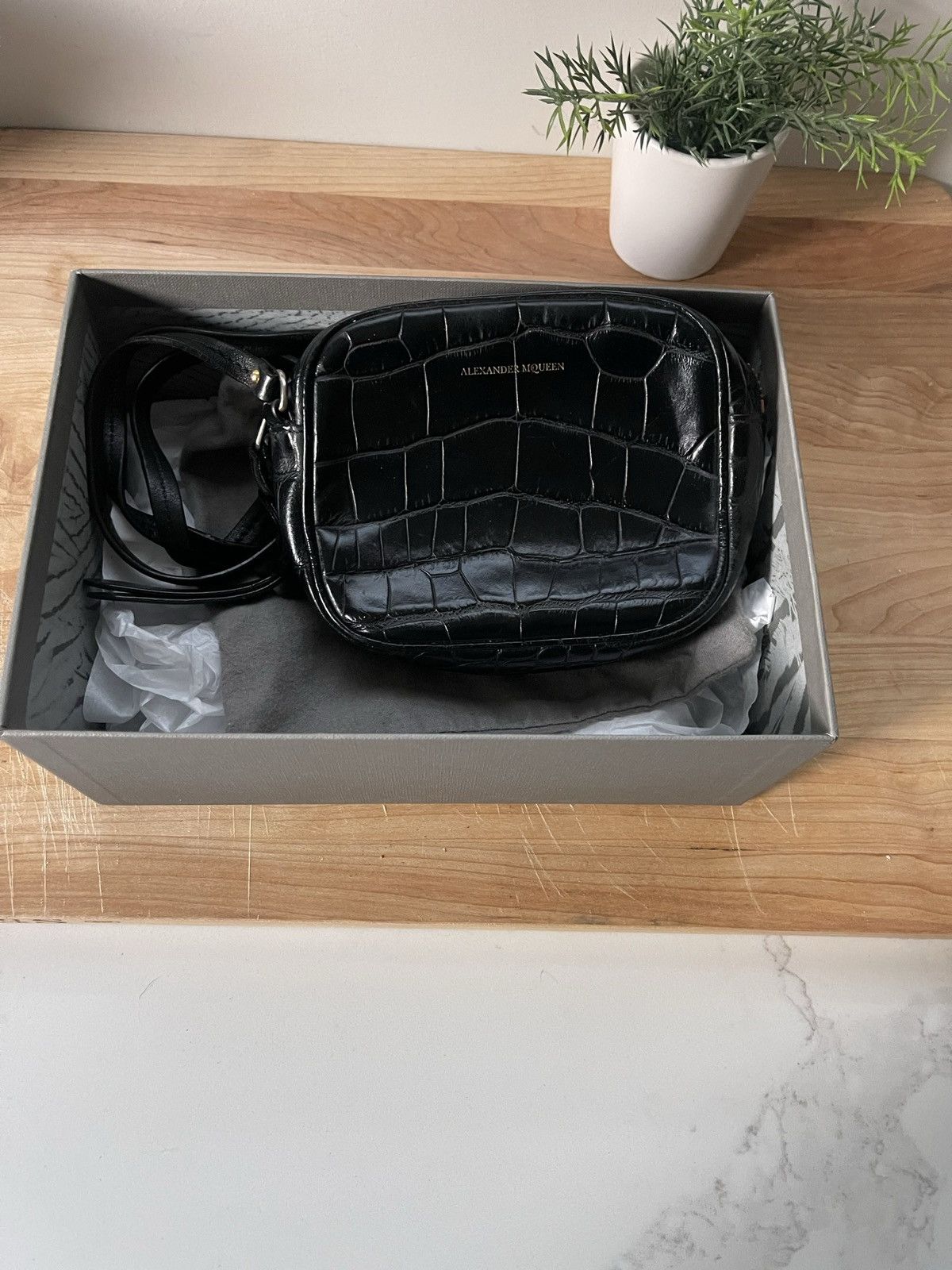 image of Alexander Mcqueen Black Croc Mini Crossbody Camera Bag, Women's