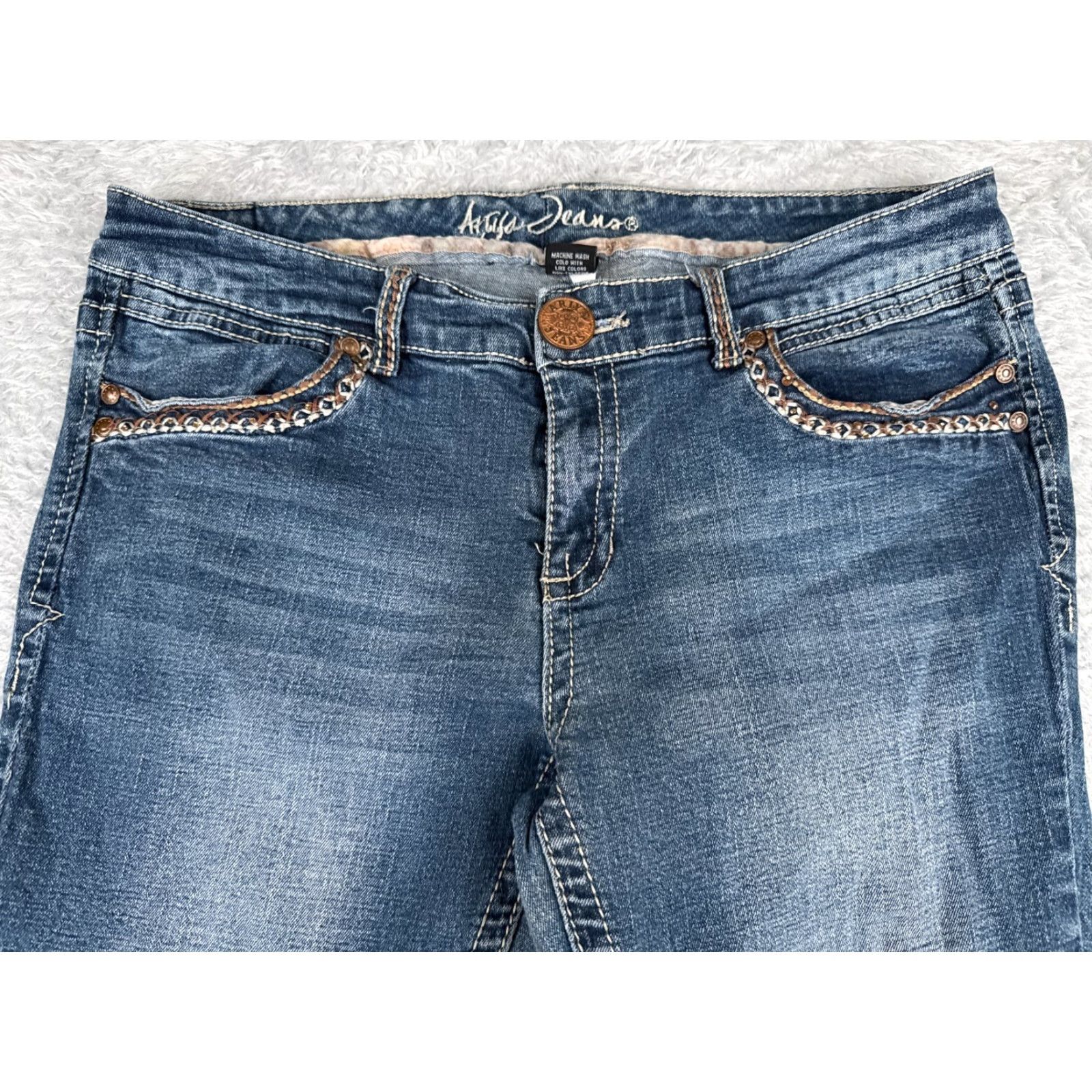 Denime Ariya Jeans Pants Juniors 15 Blue Denim Flared Mid Rise 32x31 Embroidered Distressed Stretch Cotton Size 36" / US 14 / IT 50 - 4 Thumbnail