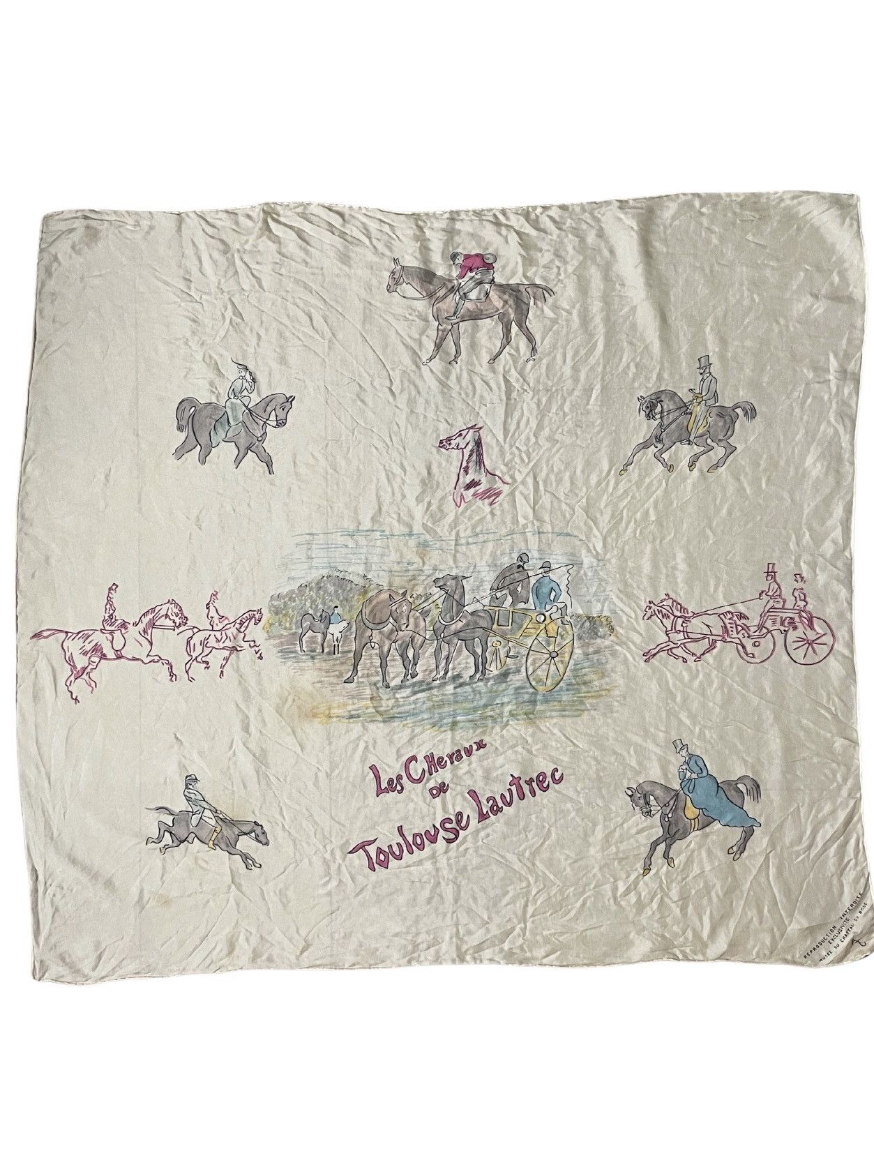 image of Vintage Souvenir Chateau Du Bosc Silk Scarf Toulouse Lautrec in White, Women's
