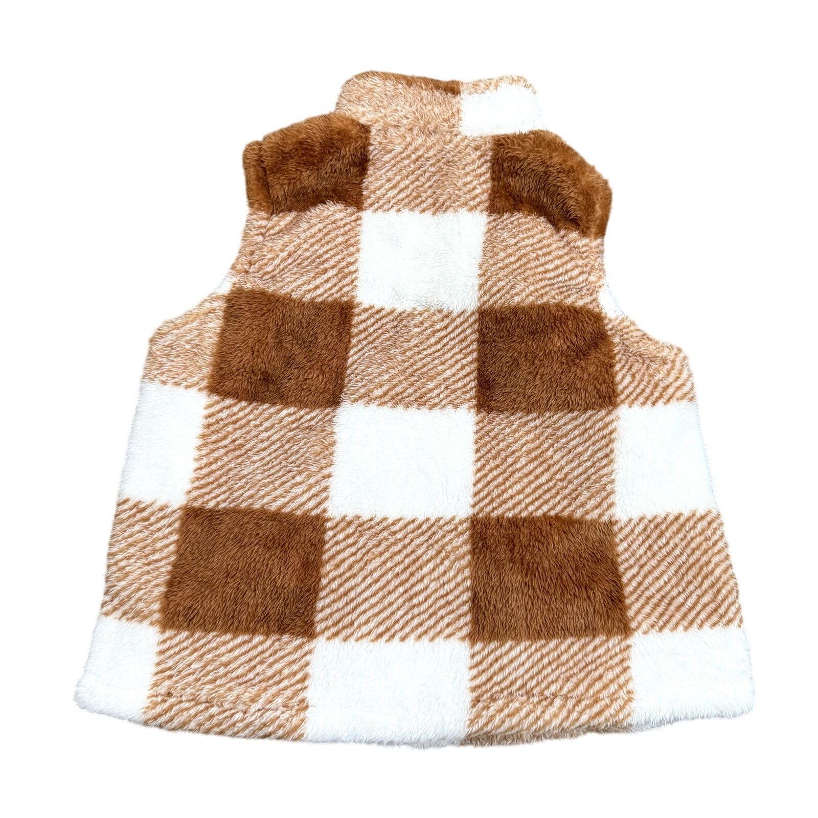 Shein Women's Fuzzy Plaid Zip Up Vest in White/Brown, Size L Size L / US 10 / IT 46 - 2 Thumbnail