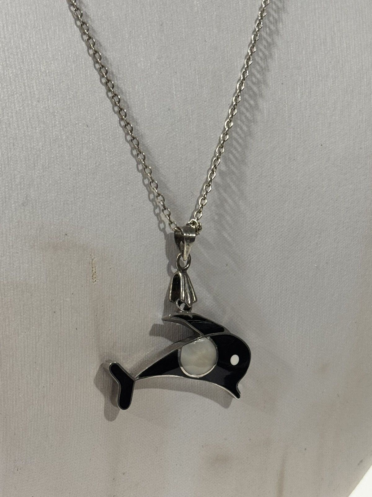 Sterling Silver Silver Orca Whale Pendant Necklace | Onyx & Mother of Pearl Size ONE SIZE - 8 Thumbnail