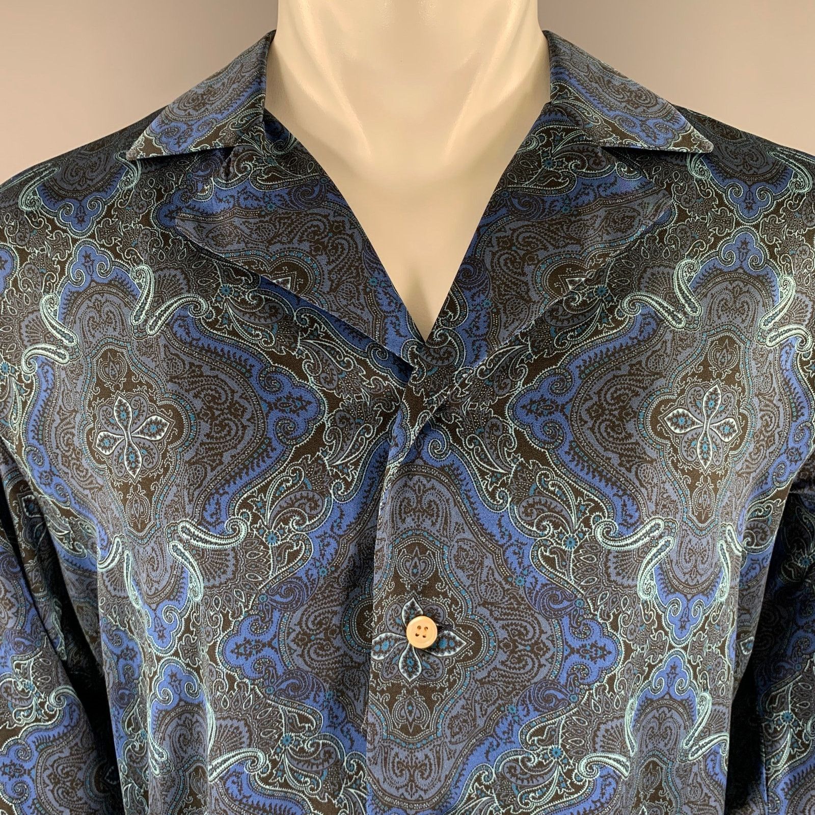 Bed j.w. Ford BED J.W. FORD M Blue Navy Paisley Camp Long Sleeve Shirt Size US M / EU 48-50 / 2 - 2 Thumbnail