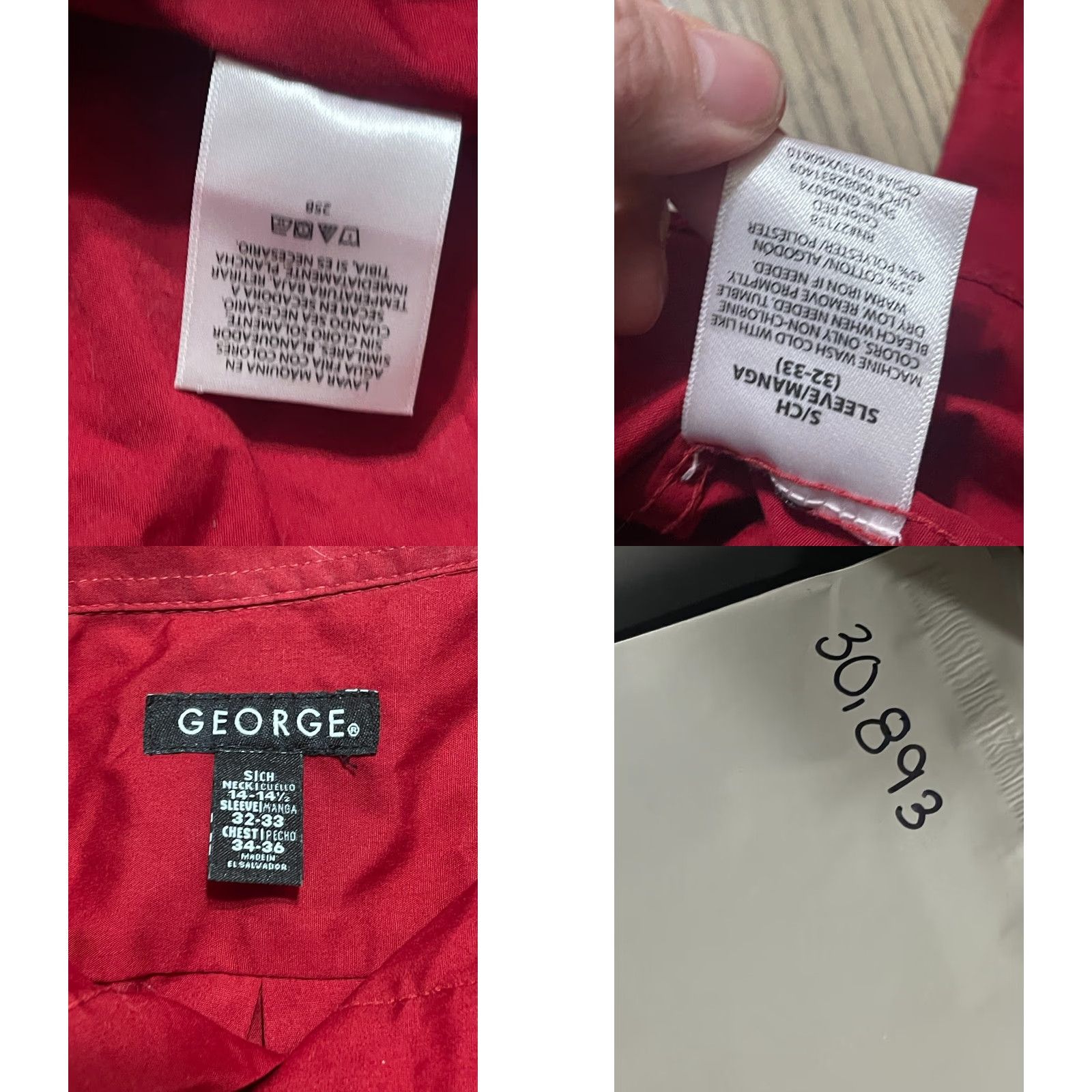 George George Shirt Mens Size Small 14-14.5 32-33 Red Button Up Long Sleeve Regular Size US S / EU 44-46 / 1 - 8 Thumbnail