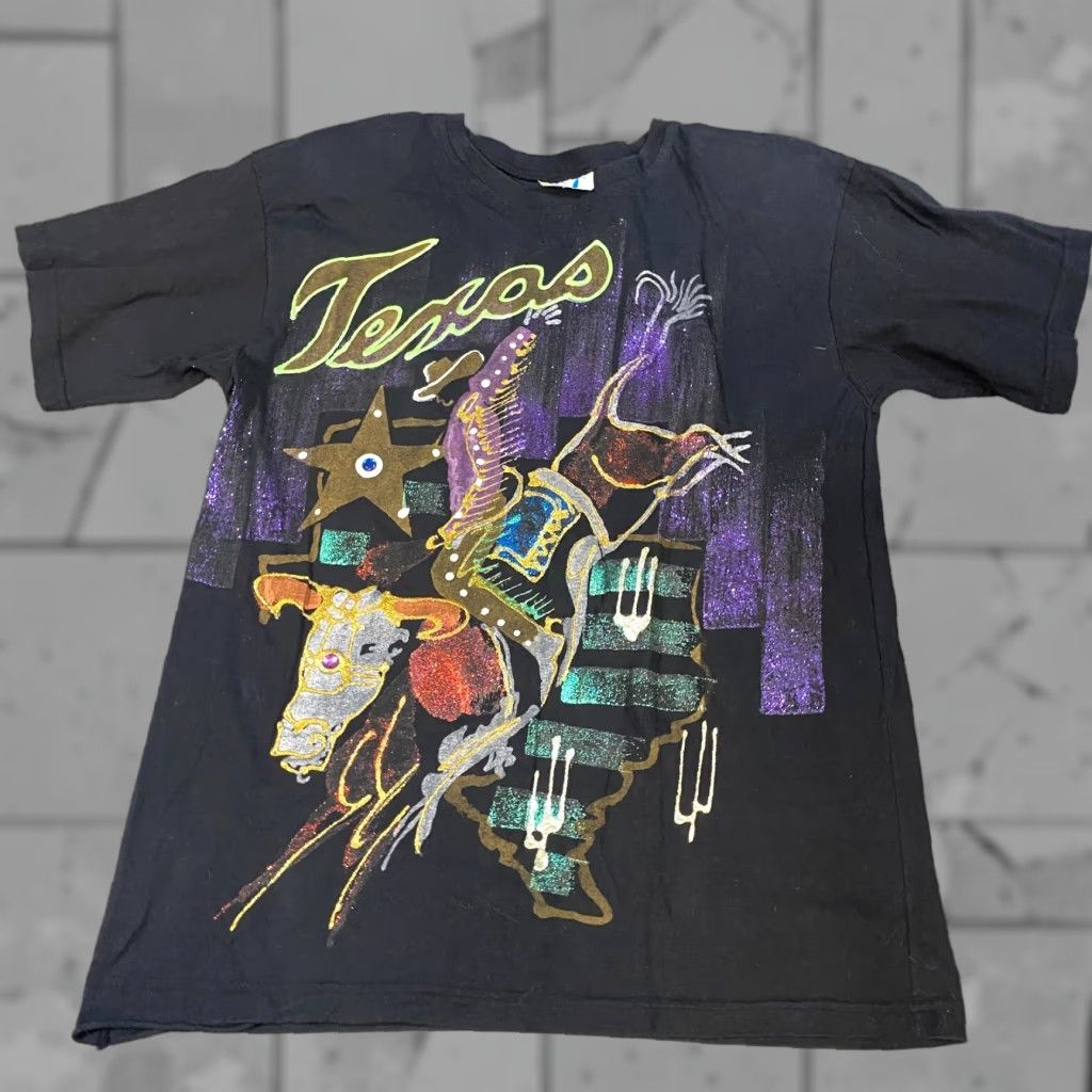 Vintage VINTAGE Texas Rodeo T-shirt One Size Black Shoulder Pads Embellished USA Women Short Sleeve Basic 100% Cotton Boys? Size ONE SIZE - 1 Thumbnail