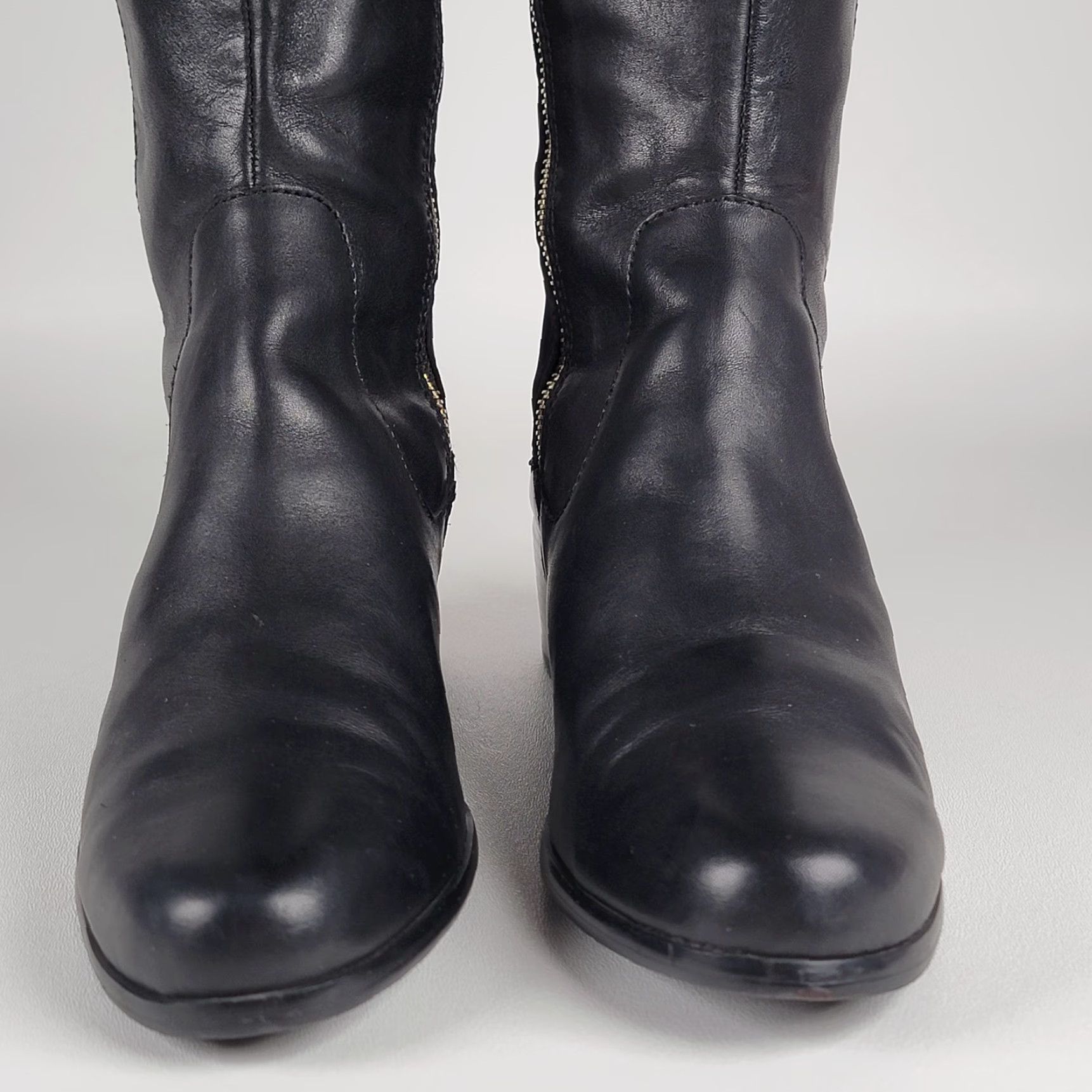 Vintage Tahari Kyle Black Leather Knee-High Boots 8M Zipper Stretch Leather Block Heel Riding Boot Women Footwear Casual Workwear City Tall Size US 8 / IT 38 - 3 Thumbnail