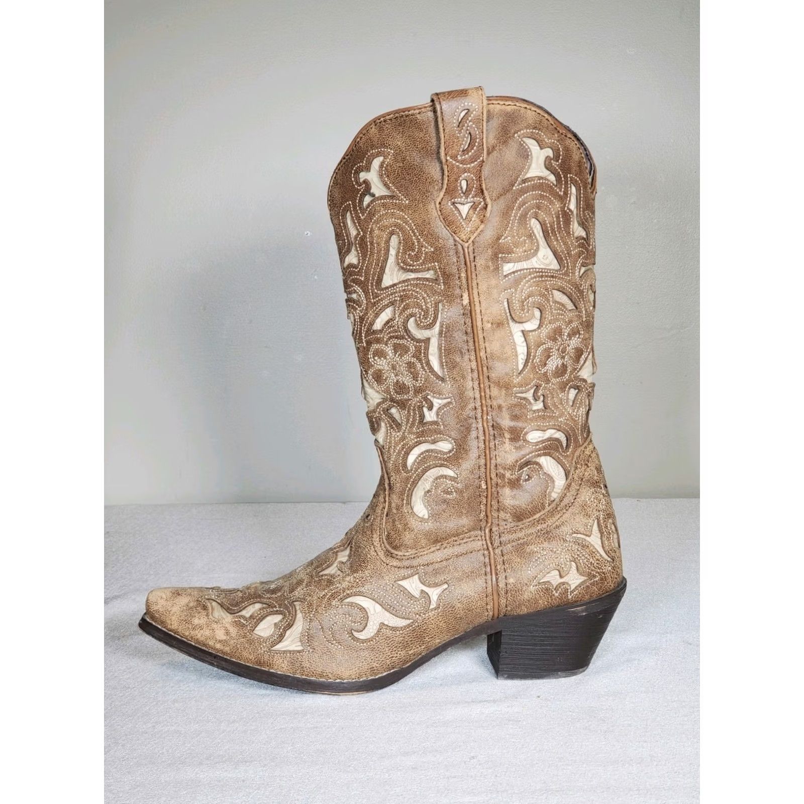 Vintage Laredo Sharona Tan Crackle Sanded Goat Boots Bone Underlay Floral Embroidery 52041 Women's US 10 M Size US 10 / IT 40 - 5 Thumbnail