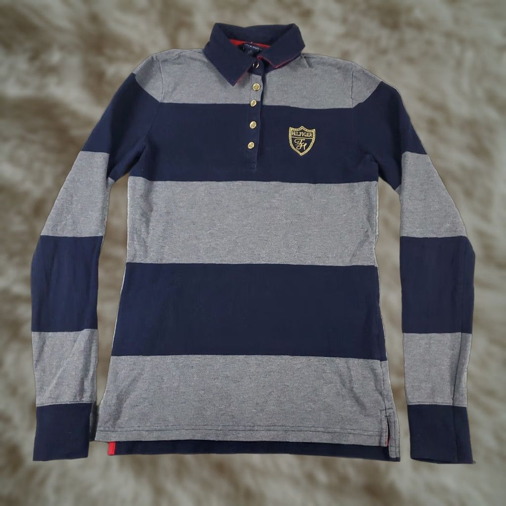 Tommy Hilfiger Tommy Hilfiger Polo Shirt Womens XS Gray Blue Striped Long Sleeve Casual Cotton Size XS / US 0-2 / IT 36-38 - 1 Thumbnail