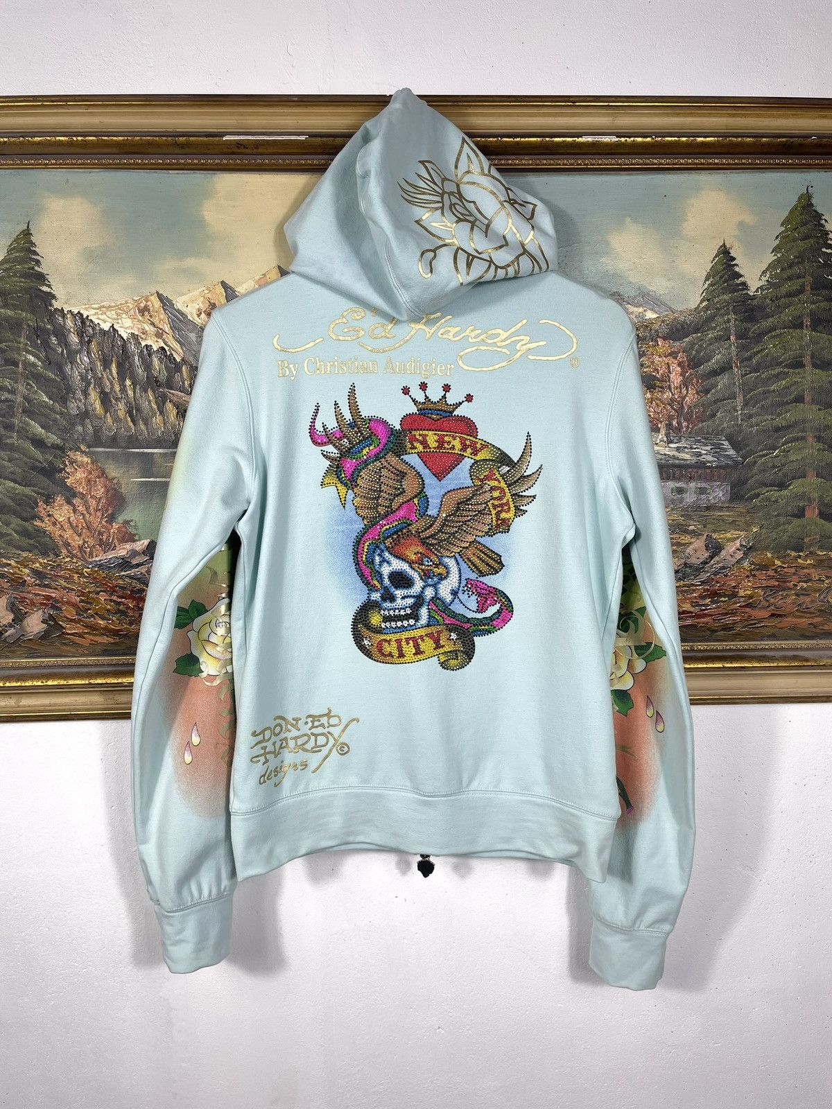 Christian Audigier × Ed Hardy × Vintage Ed Hardy Retro 00s Hoodie With Crystals Affliction Grunge Size US S / EU 44-46 / 1 - 1 Thumbnail
