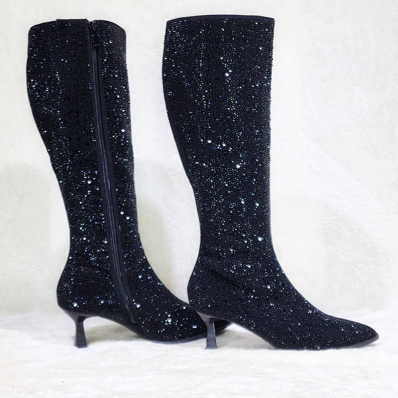 Other Black Rhinestone Knee Boots 2.5" Heels Wide Calf Friendly Size US 6.5 / IT 36.5 - 1 Thumbnail