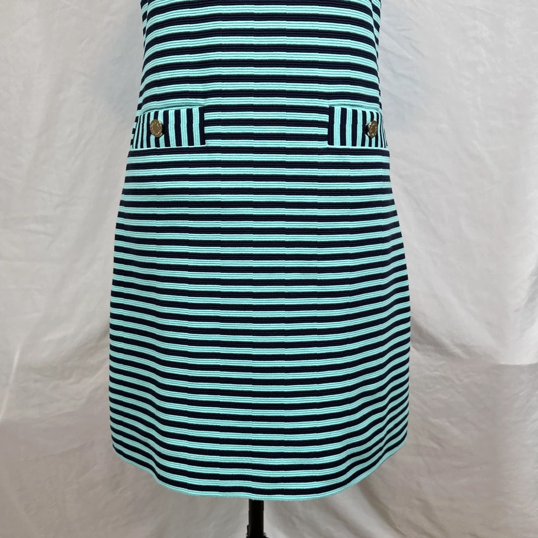 Lilly Pulitzer Dress Womens Small Teal Navy Stripe Short Sleeve Shift Gold  Zip