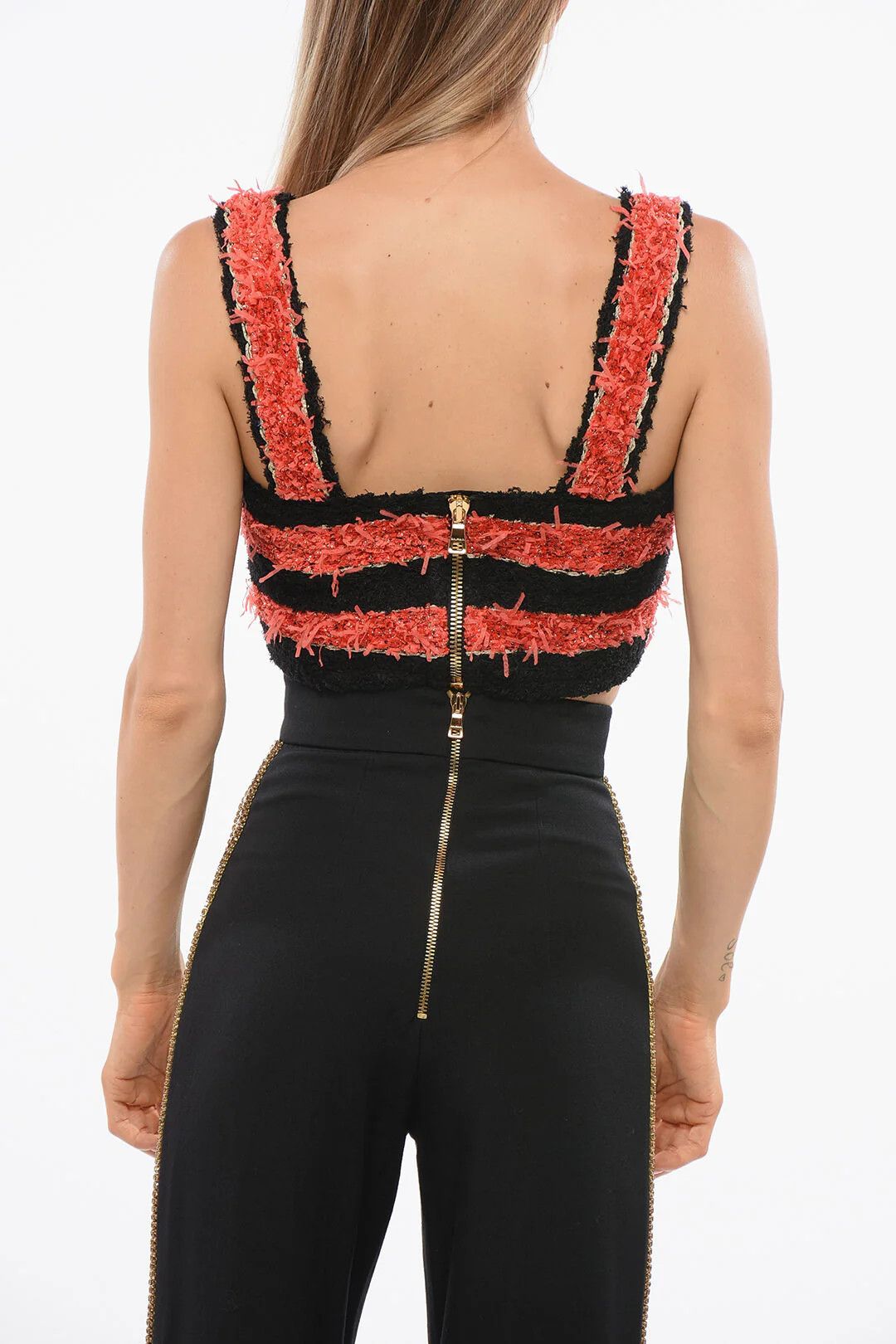 Balmain og1mm0326 Two-Tone Striped Tweed Crop Top in Black & Red Size S / US 4 / IT 40 - 2 Thumbnail