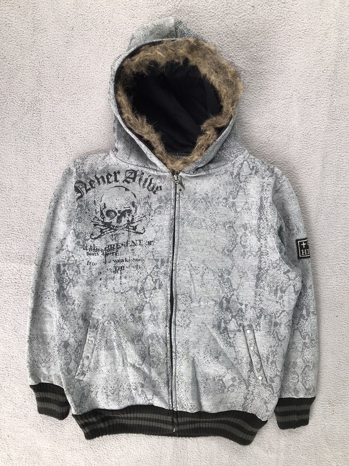 image of 14Th Addiction x Kmrii Gothic Fur Hoodie Japanese Strange Heaven in Grey, Men's (Size Medium)