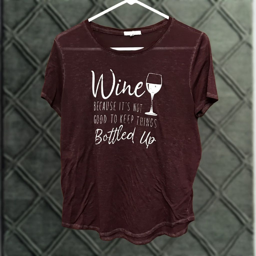 Vintage Maurices Shirt M Maroon WINE bottle Graphic Tee Stretch S/S semi-sheer 1050 Shirt Women Adults Size M / US 6-8 / IT 42-44 - 1 Thumbnail