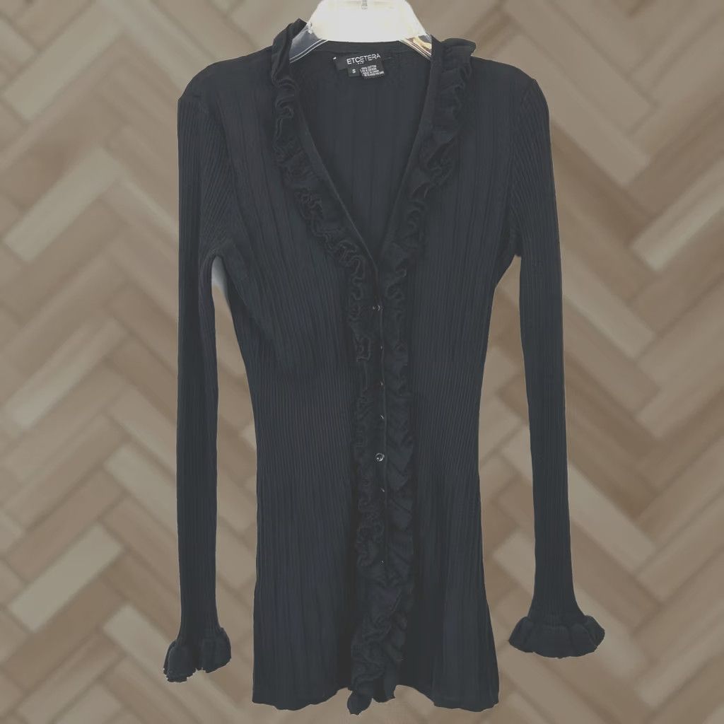 Vintage Etcetera Cardigan Sweater Womens Small Ruffled Black Cotton Knit All Seasons Lightweight Long Sleeve Regular Size S Size S / US 4 / IT 40 - 1 Thumbnail