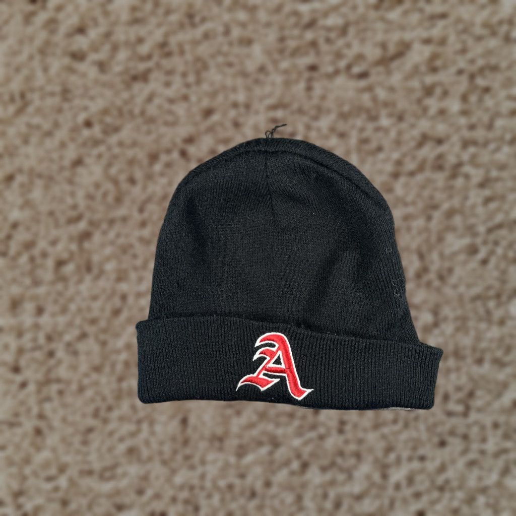 Vintage Knit Hat Beanie Mens One Size Black Red A VC Logo Stretch Cuffed Winter Size ONE SIZE - 1 Thumbnail
