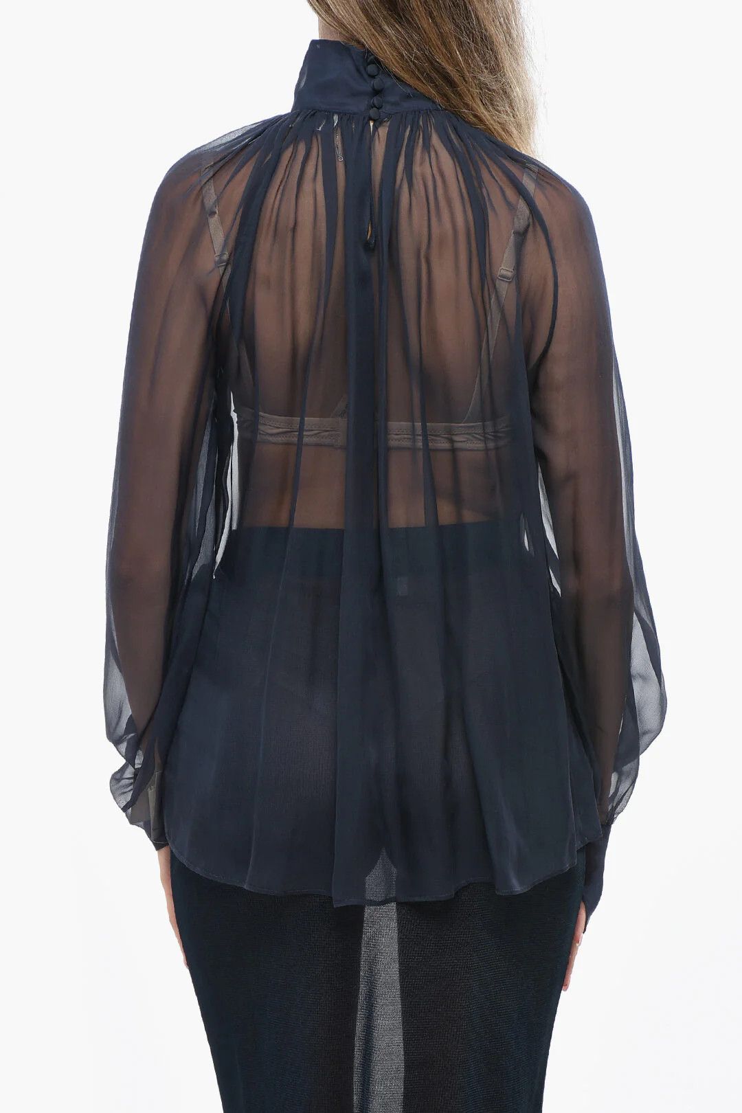 Saint Laurent Paris og1mm0326 Sheer Silk Blouse in Blue Size L / US 10 / IT 46 - 2 Thumbnail