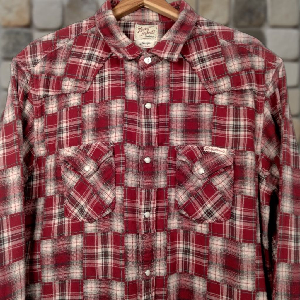 Lucky Brand VINTAGE Lucky Brand Western Flannel Shirt Men L Red Patchwork Pearl Snap Quilted Western Wear Mens Large Red Plaid etc Size US L / EU 52-54 / 3 - 1 Thumbnail