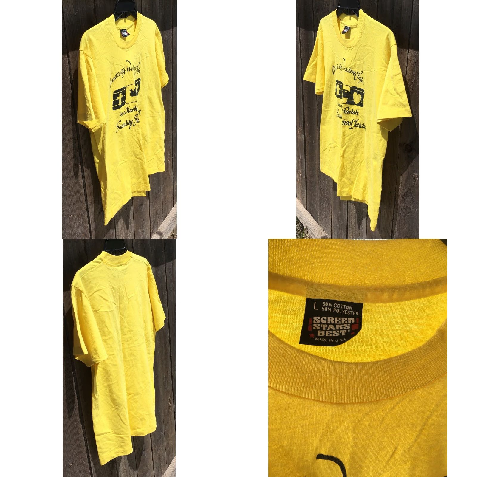 Vintage VINTAGE Screen Stars T-Shirt Yellow L Graphic Tee Unisex 1980s Sunday School Teacher Jireh Parish Wisdom Creativity Love Sz L Size US L / EU 52-54 / 3 - 8 Thumbnail