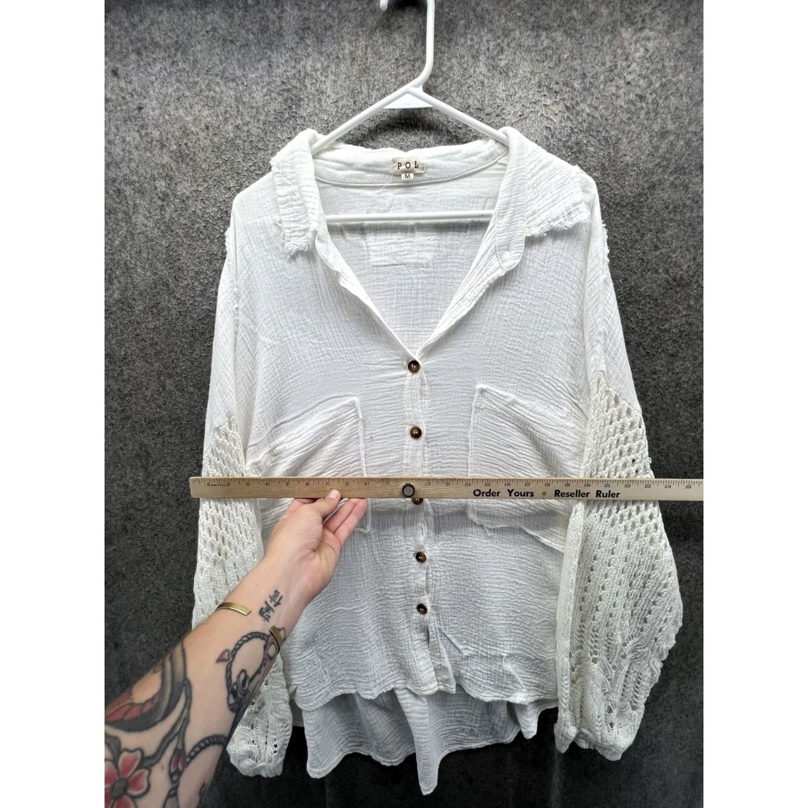 Vintage POL Tunic Blouse White Crochet Balloon Sleeve Button Front Top Womens M Size M / US 6-8 / IT 42-44 - 4 Thumbnail