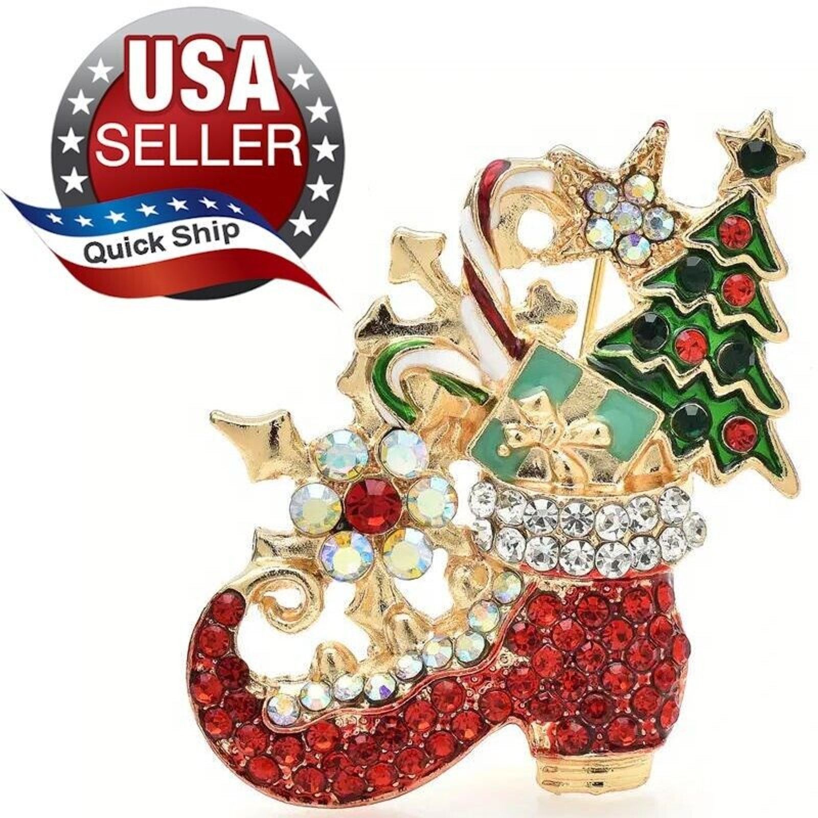 Other Santa's Elf Boot Christmas Rhinestone Brooch Red Green Clear Size ONE SIZE - 1 Thumbnail