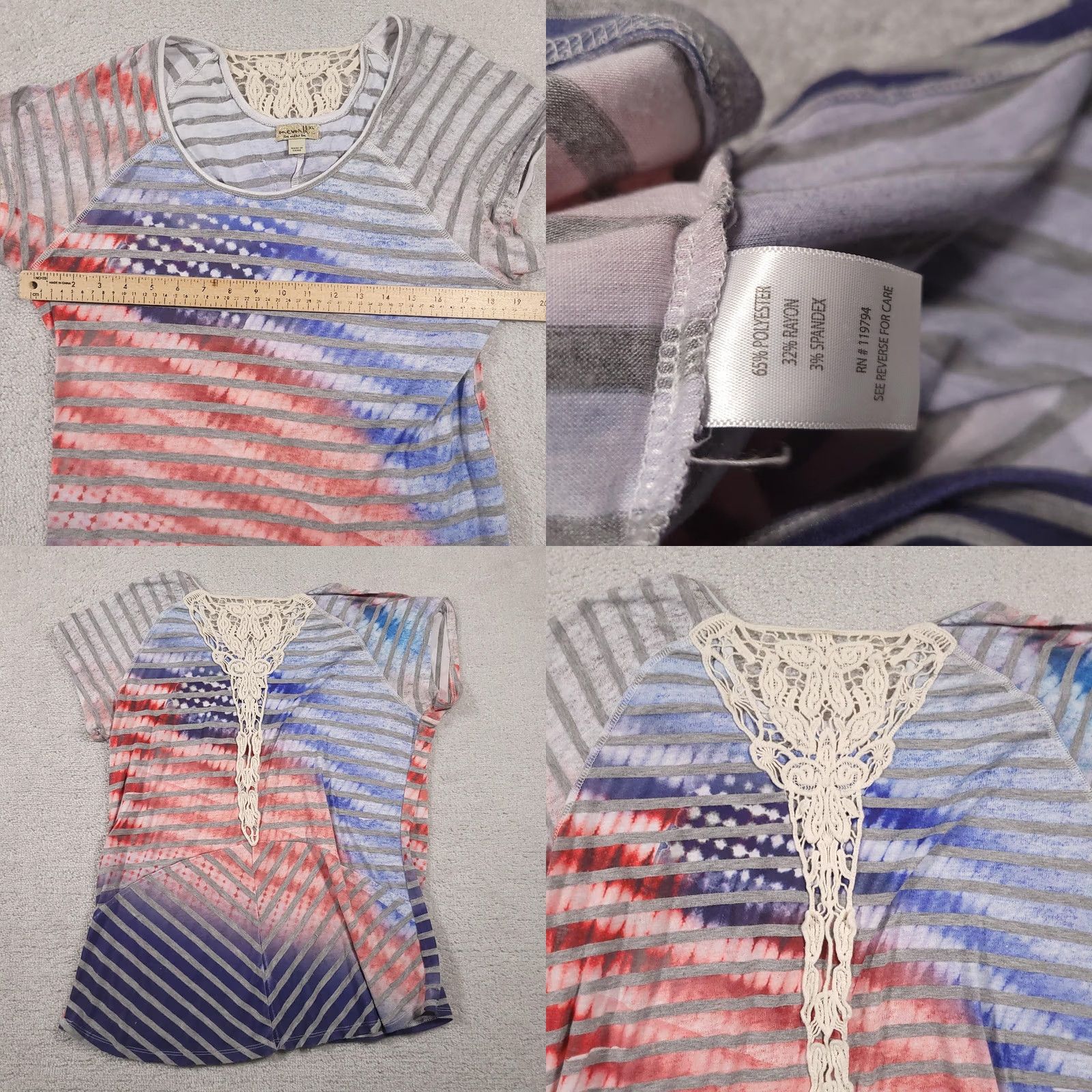 Vintage VINTAGE One World Shirt Womens XL Gray Red Blue Striped Lace Back Boho Patriotic Top Size XL / US 12-14 / IT 48-50 - 8 Thumbnail