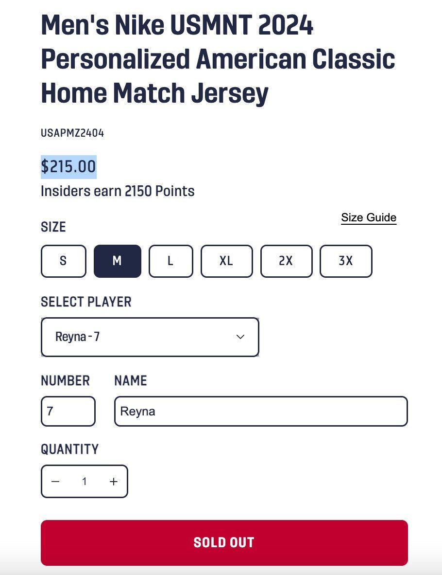 NWOT Authentic 2024/25 USMNT Nike Home Reyna M ($215 Value)