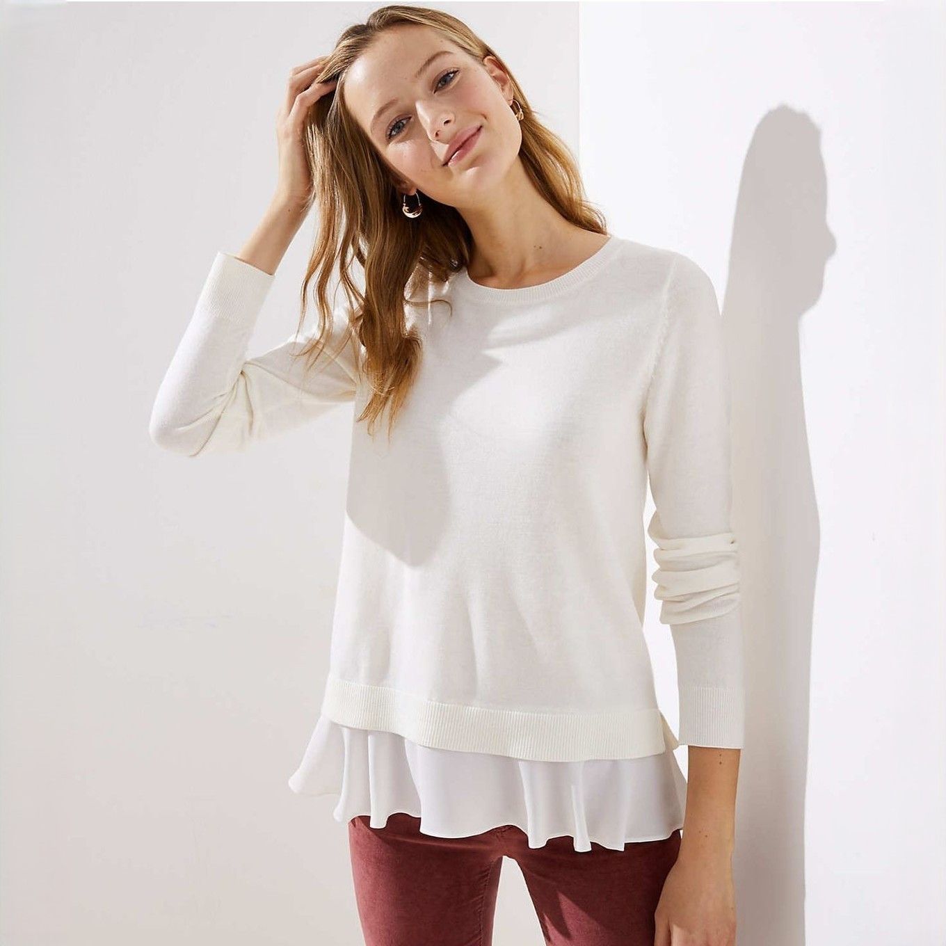 Loft Flounce Mixed Media Sweater Top in White Color NWT $64.90 Size M / US 6-8 / IT 42-44 - 1 Thumbnail