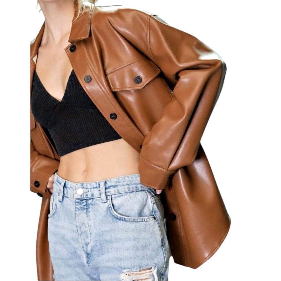 Other ee:some Faux Leather Long Sleeve Collared Button Up Jacket Size M / US 6-8 / IT 42-44 - 3 Thumbnail