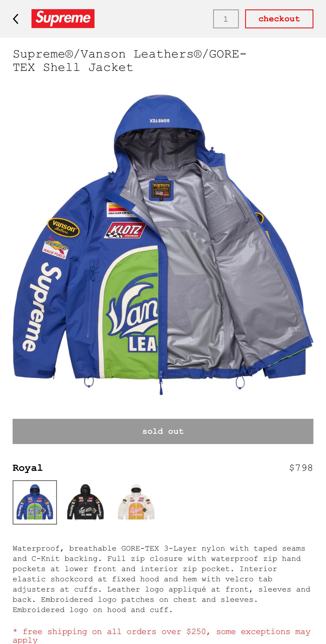 Supreme [In Hand] Supreme x Vanson Leathers GORE-TEX Shell