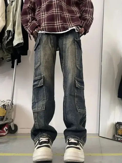 Japanese Brand Blue Color Straight Casual Trousers Cargo Denim Pant Size US 31 - 4 Thumbnail