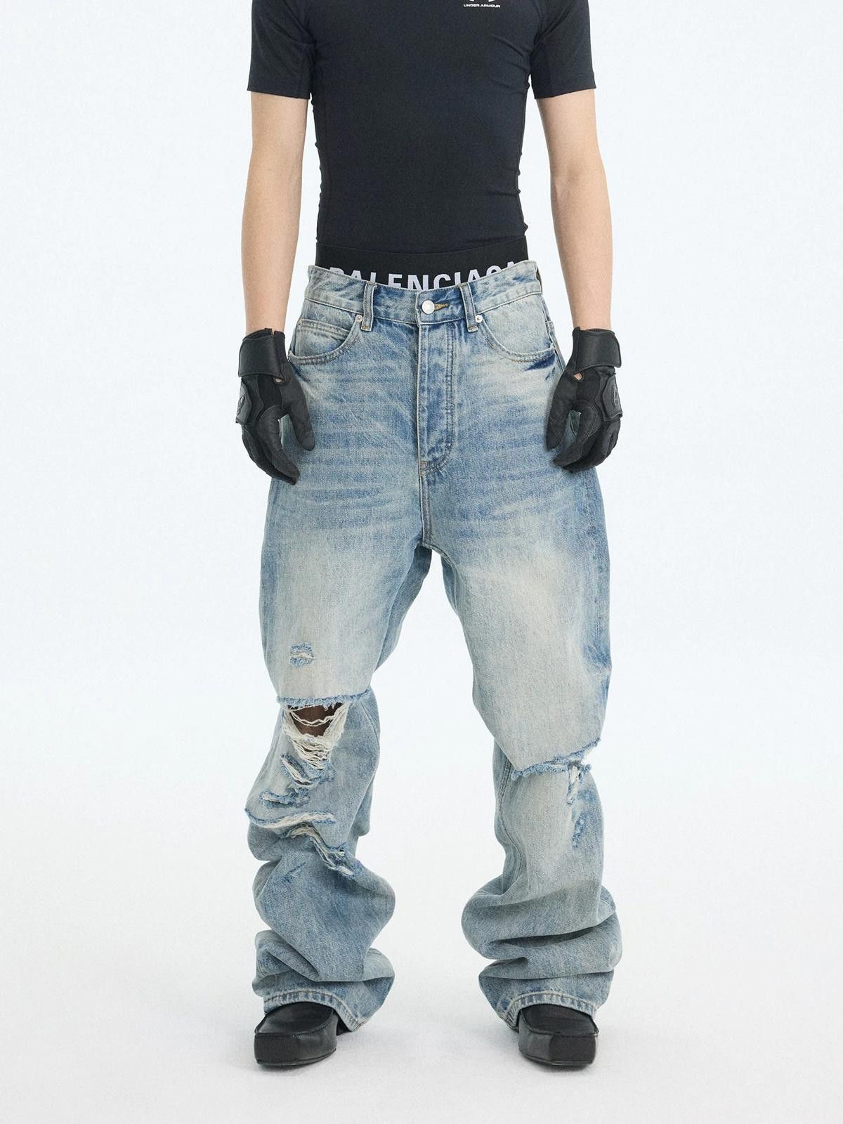 Jean Washed Blue Heavy Slash Destroy Slim Straight Denim Jeans Size US 32 / EU 48 - 1 Thumbnail