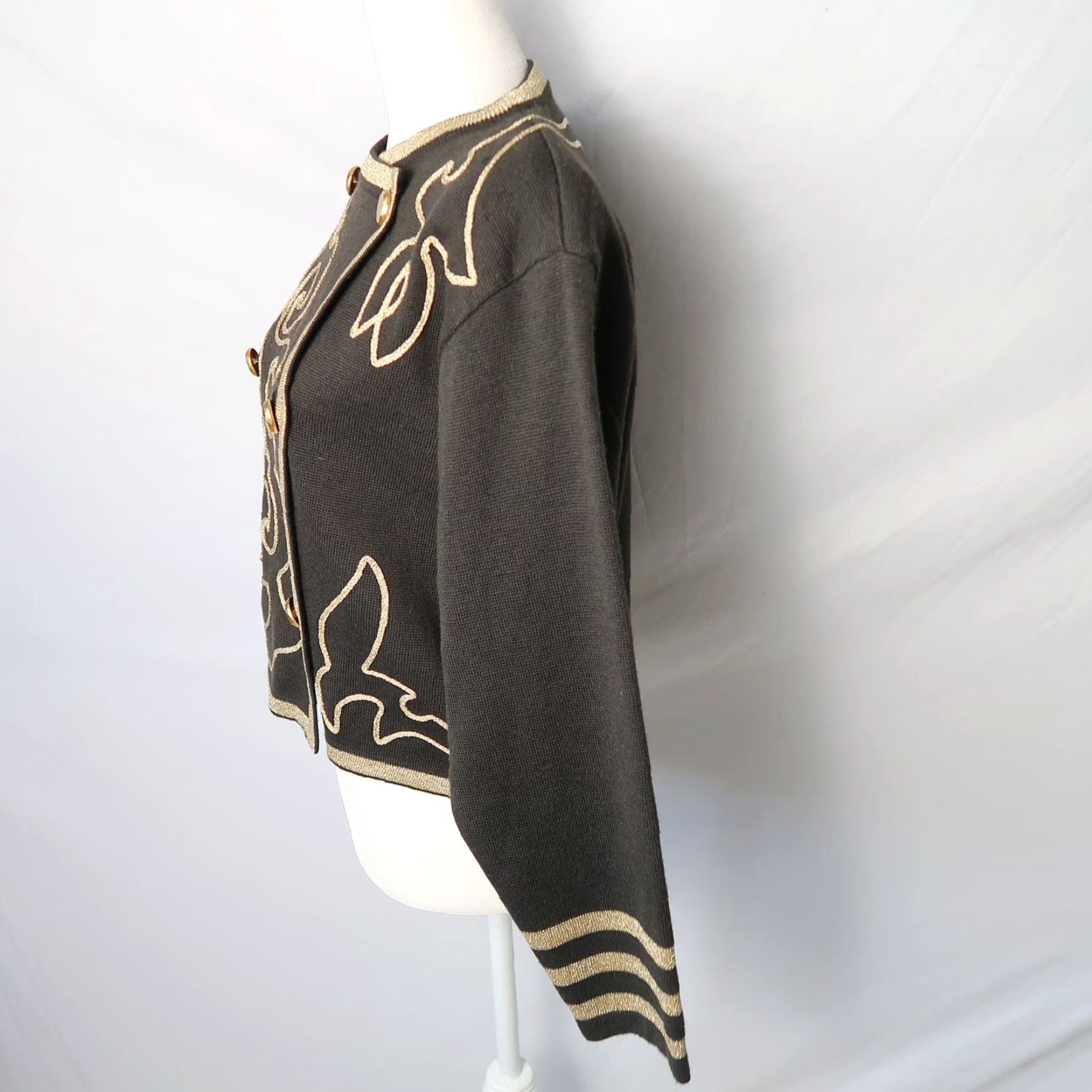 Vintage VINTAGE Classiques Merino Wool Knit Jacket XS Black Military/Landgirl 1980s Gold Trim Buttoned Cardigan Size XS / US 0-2 / IT 36-38 - 4 Thumbnail