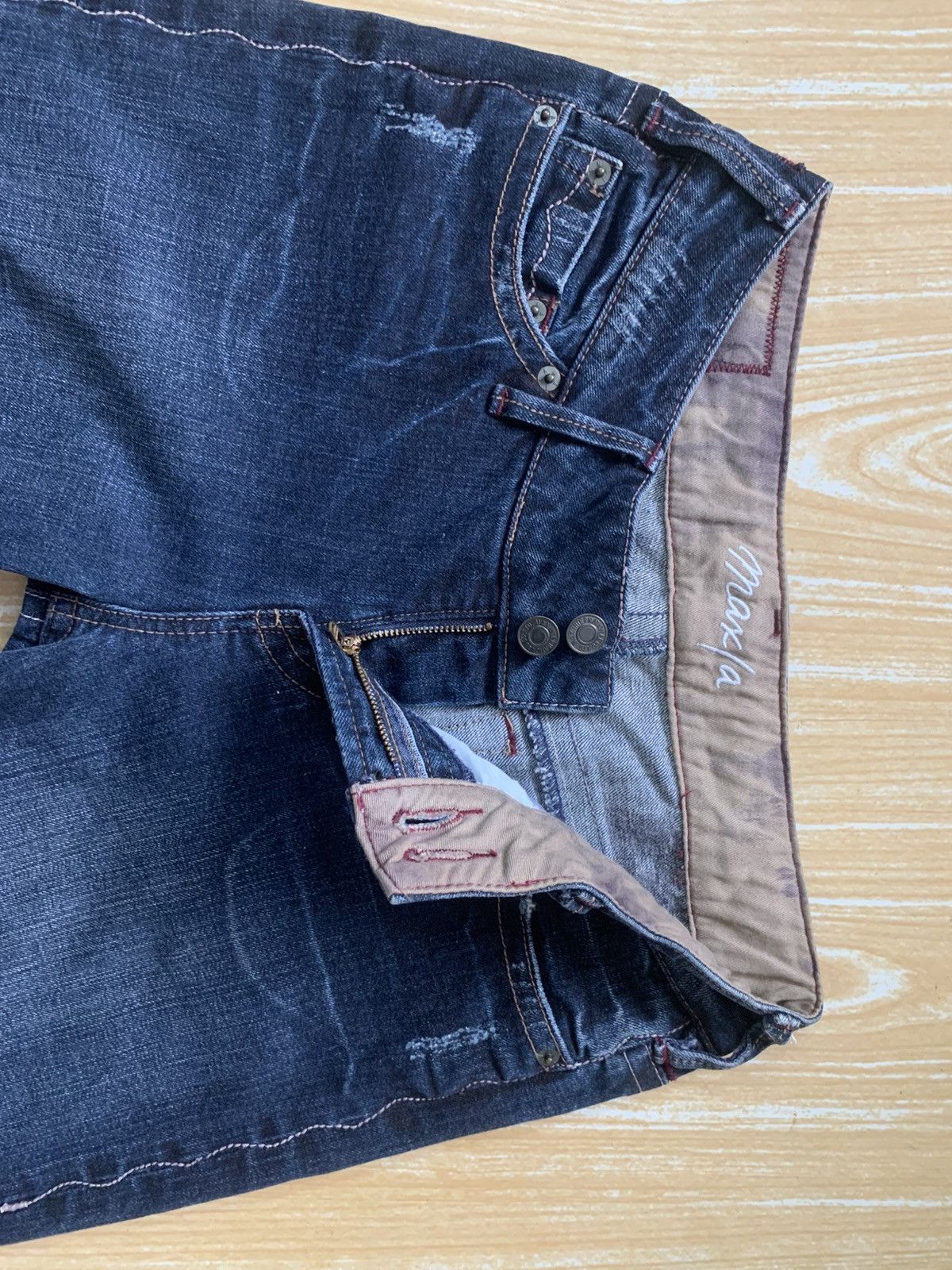 Japanese Brand Rare Maxia Low Rise Super Flare Jeans Pants Distressed Style Size US 27 - 15 Thumbnail