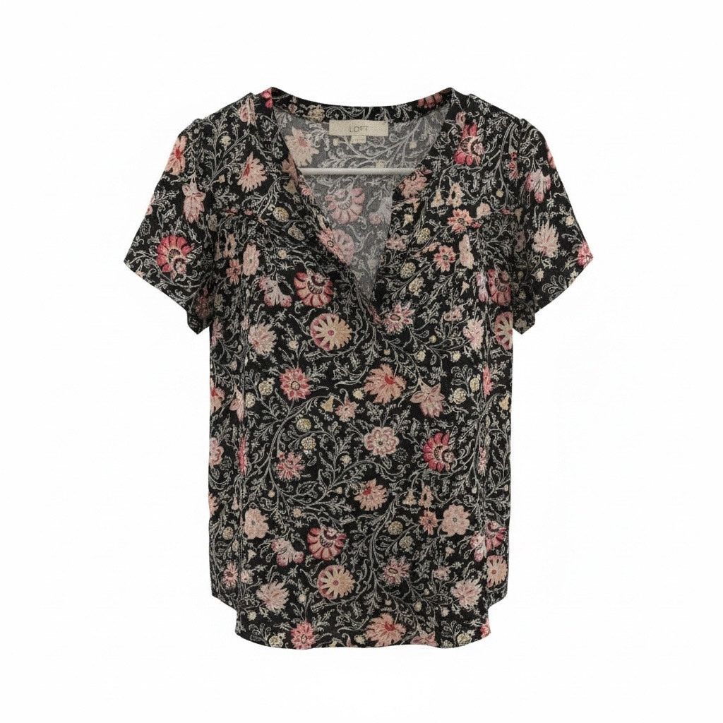Loft LOFT Women’s XS Navy Floral V-Neck Blouse Short Sleeve Size XS / US 0-2 / IT 36-38 - 1 Thumbnail