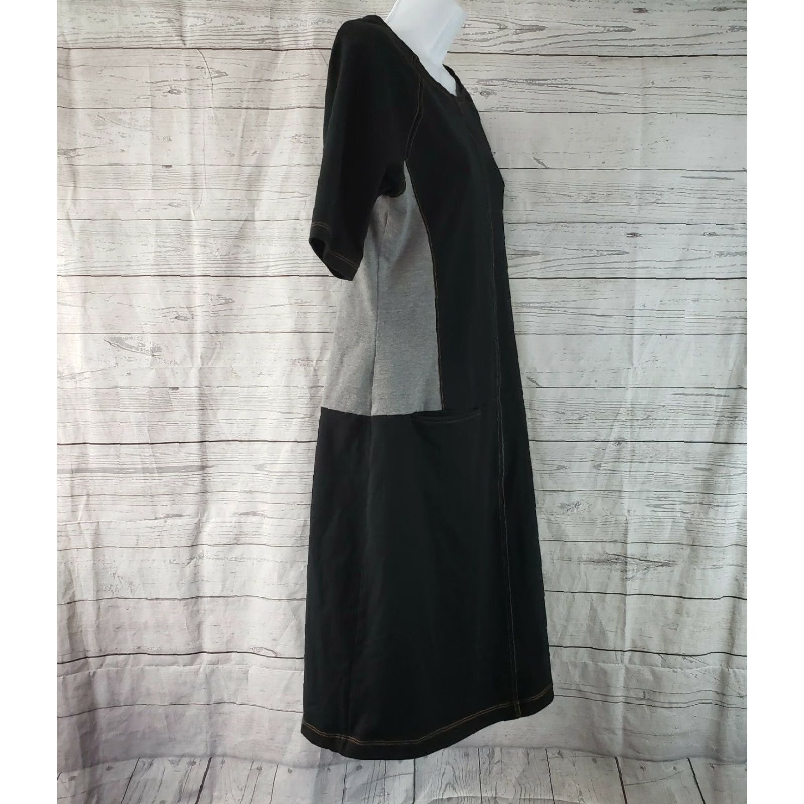 Vintage Sahalie Womens Dress M Black Gray Pockets Elbow Sleeves Cotton Blend Shift Size M / US 6-8 / IT 42-44 - 3 Thumbnail