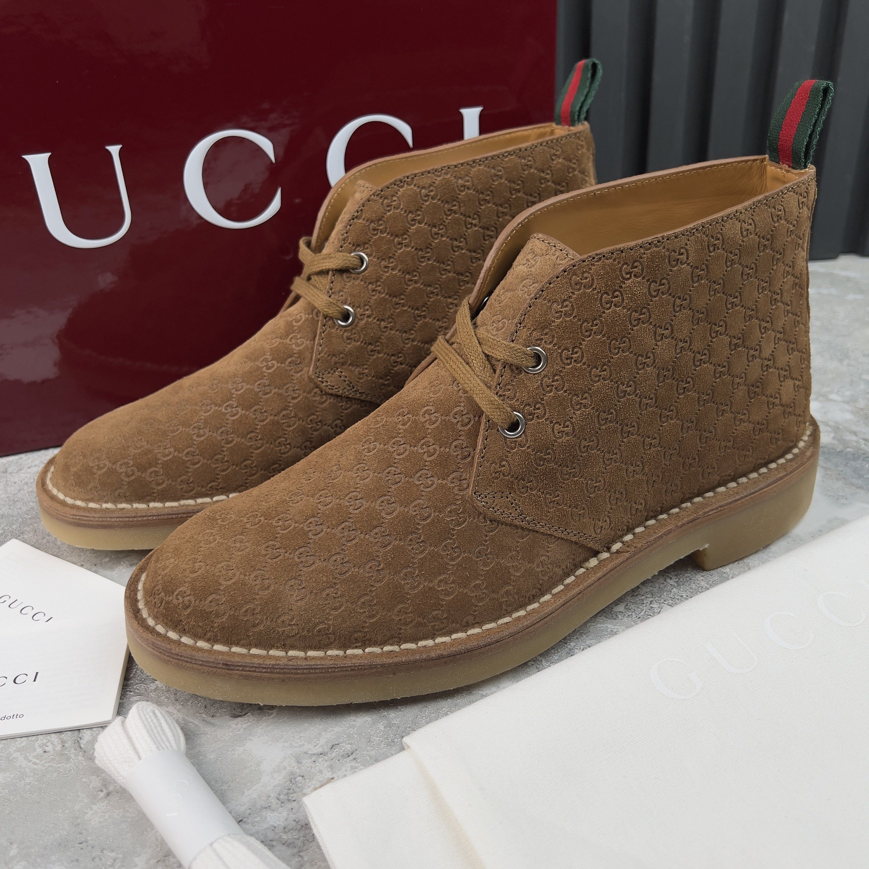 Gucci NEW Moreau Web GG Signature Desert Boots Camel Brown Suede Size US 8 / EU 41 - 1 Thumbnail