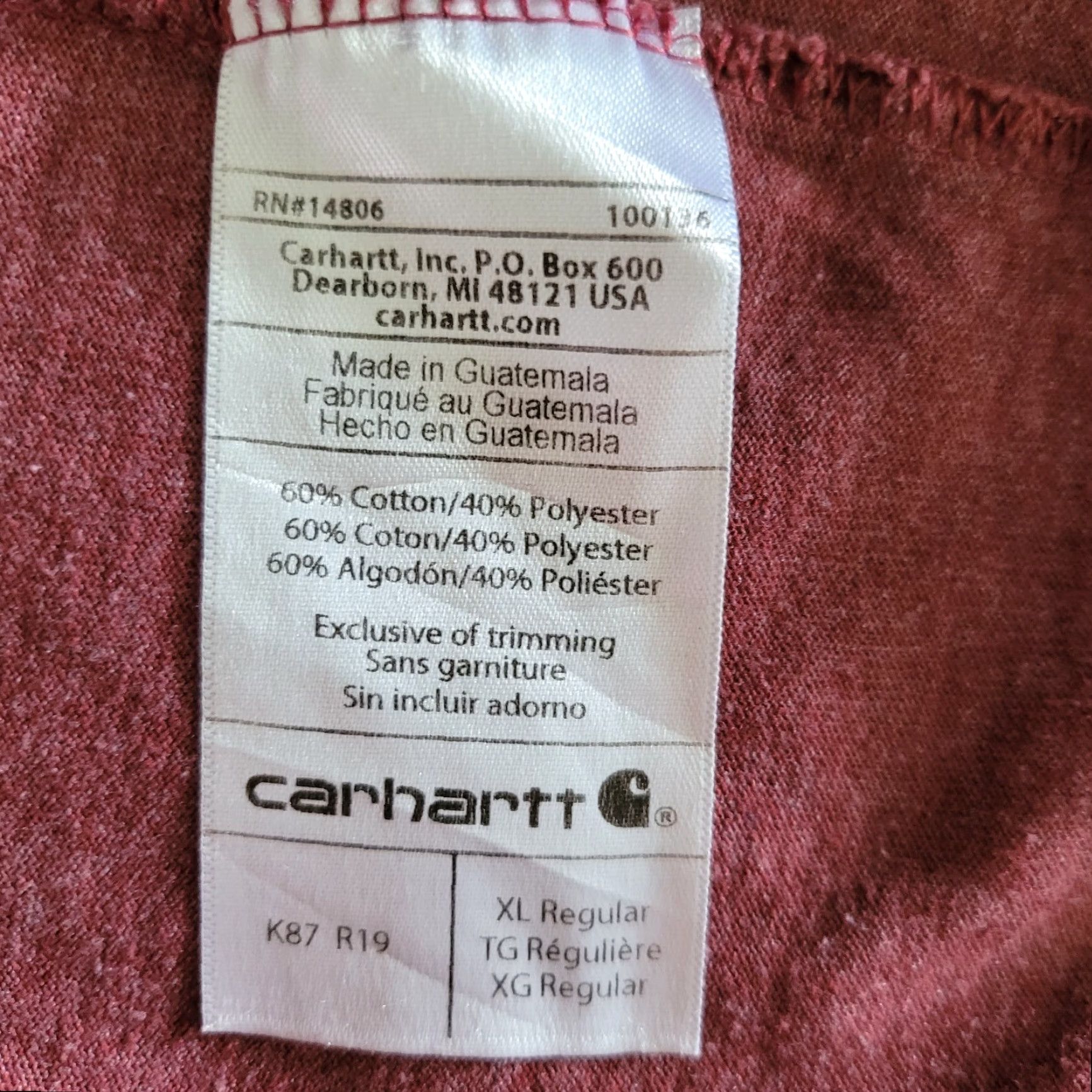Carhartt VINTAGE Carhartt T-Shirt - Men's XL - Maroon - Original Fit Size US XL / EU 56 / 4 - 7 Thumbnail