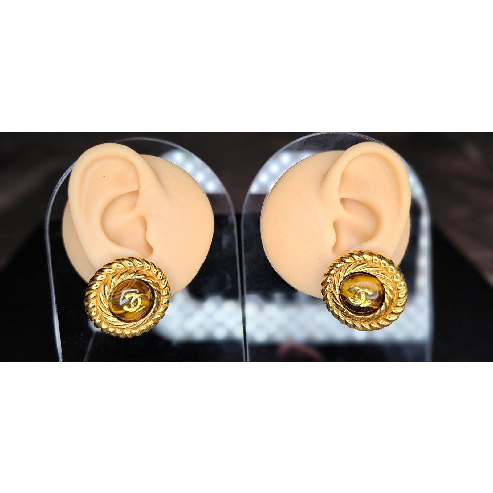 Chanel CHANEL Vintage Coco Mark Tiger Eye Earrings Size ONE SIZE - 3 Thumbnail