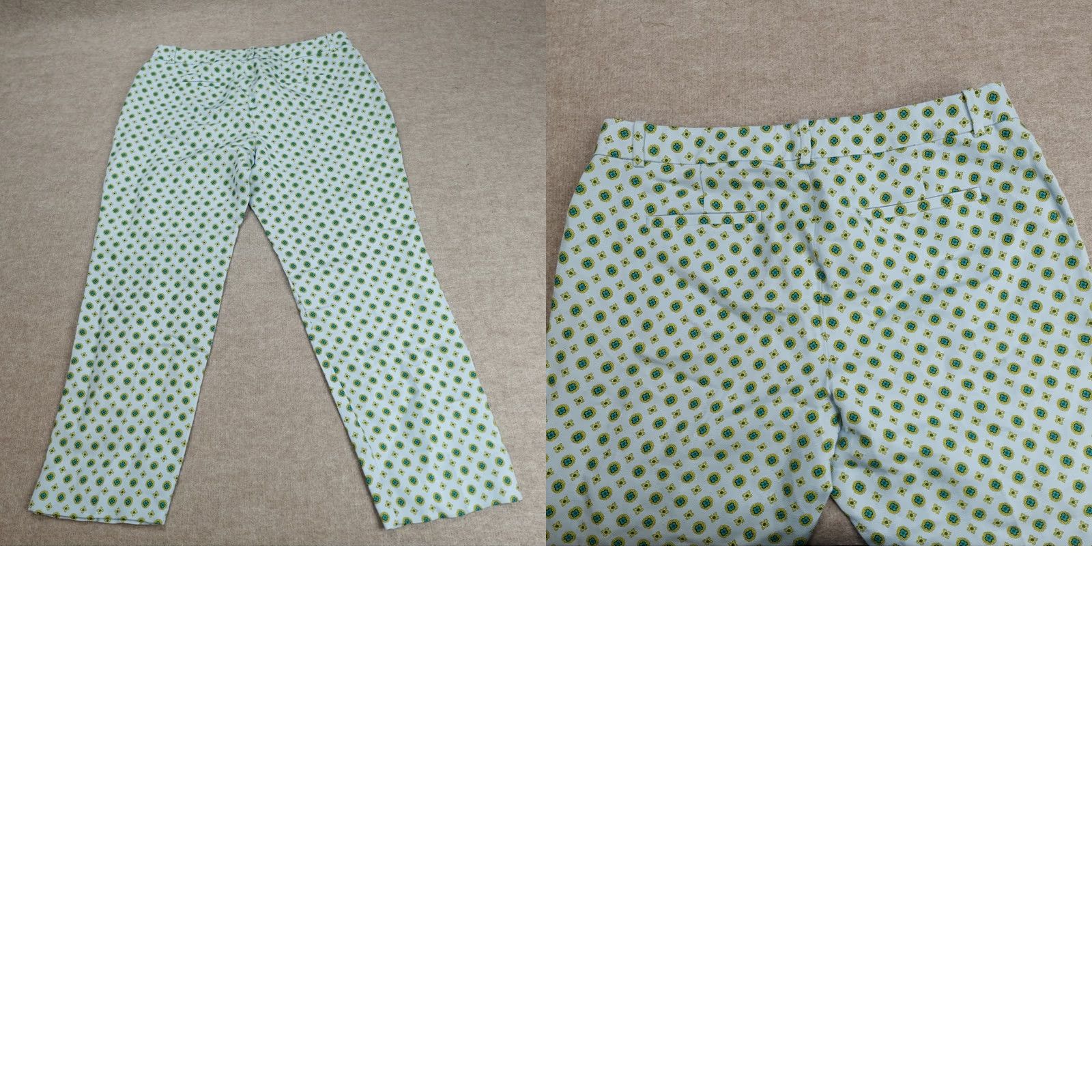 J.Crew J.CREW Collection Pants Women's 10 Blue Green All Over Print Silk Linen 84374 Geometric Flared Ankle Pockets Size 32" / US 10 / IT 46 - 9 Thumbnail